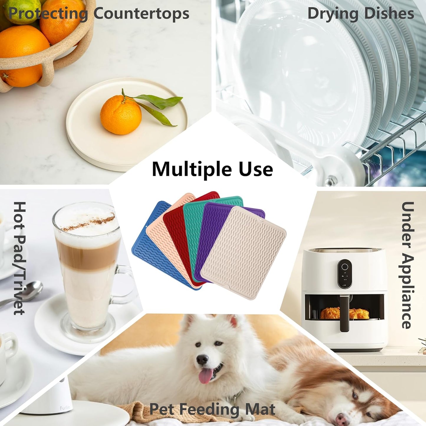 ZLR Silicone Dish Drying Mat for Kitchen Counter, Eco-Friendly Fast Dry Dish Mat, Easy Clean Multi Usage Drying Matt, Heat Resistant Trivet, 12" x 12" Middle, Dark Gray