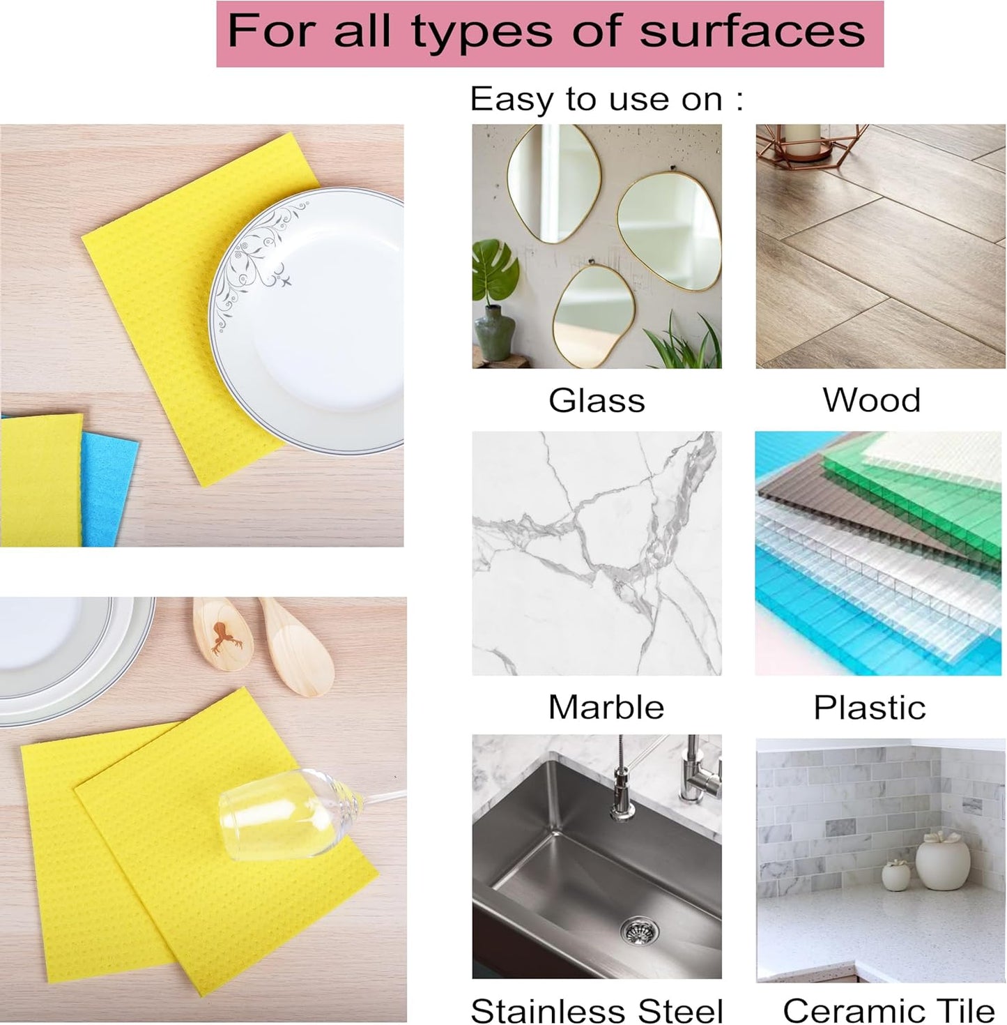 AMOUR INFINI Swedish Dishcloth Cellulose Sponge 8 Pack - No Odor, Resuable and Absorbent Cleaning Cloths for Kitchen, Bathroom, Glass Surface, Furniture (8"x7" Inch - Yellow)