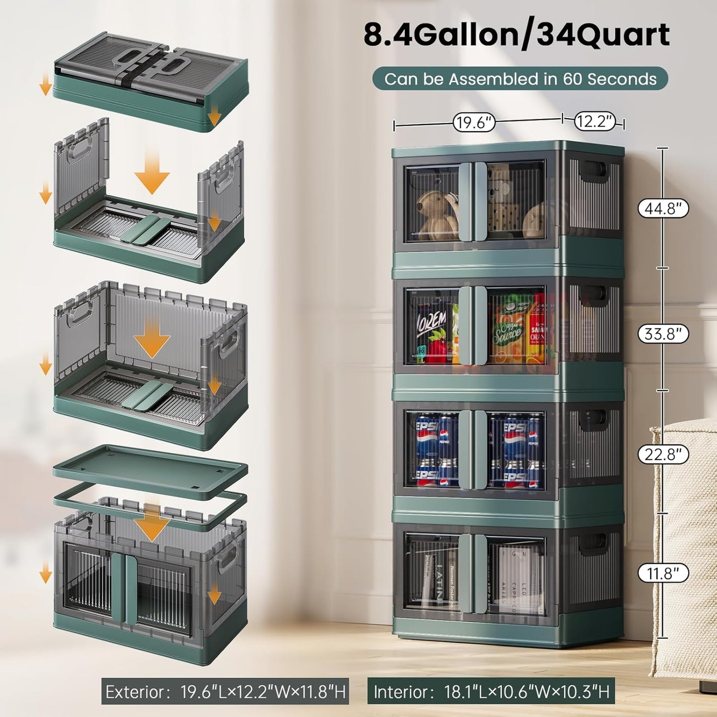 8.4Gal Collapsible Storage Bins with Lids & Wheels - 2 Pack Stackable with Doors, Heavy-Duty Plastic Containers for Home/Office, Green