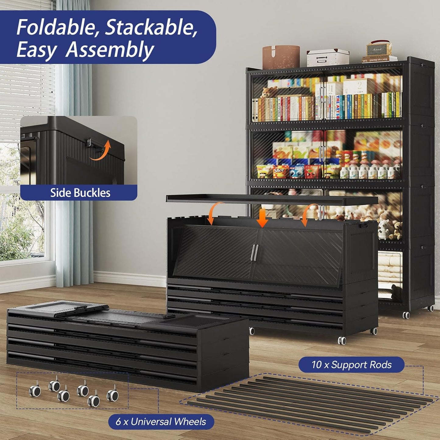 150GAL Extra Large Storage Bins with Lid, 600QT Collapsible Organizer with Wheels, Stackable Closet Cabinet with Doors, Folding Storage Containers for Home, Office, Dorm, 3Pack Black