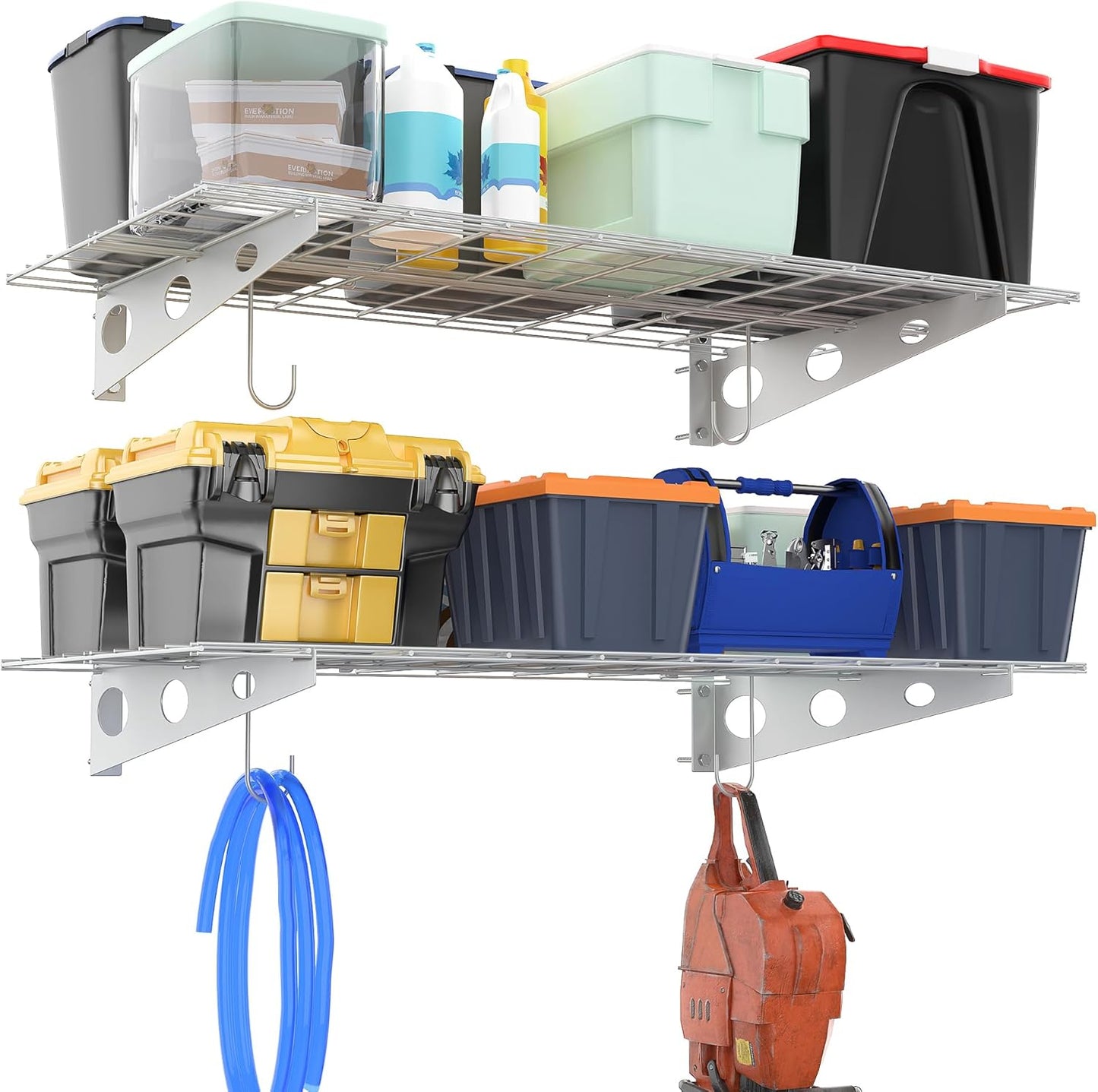 Ultrawall Garage Wall Shelves, 2 x 4 ft Wall Mounted Storage Shelves, Heavy Duty Wall Shelving with Hooks, Holds Up to 220 Lbs, 2Pack, White