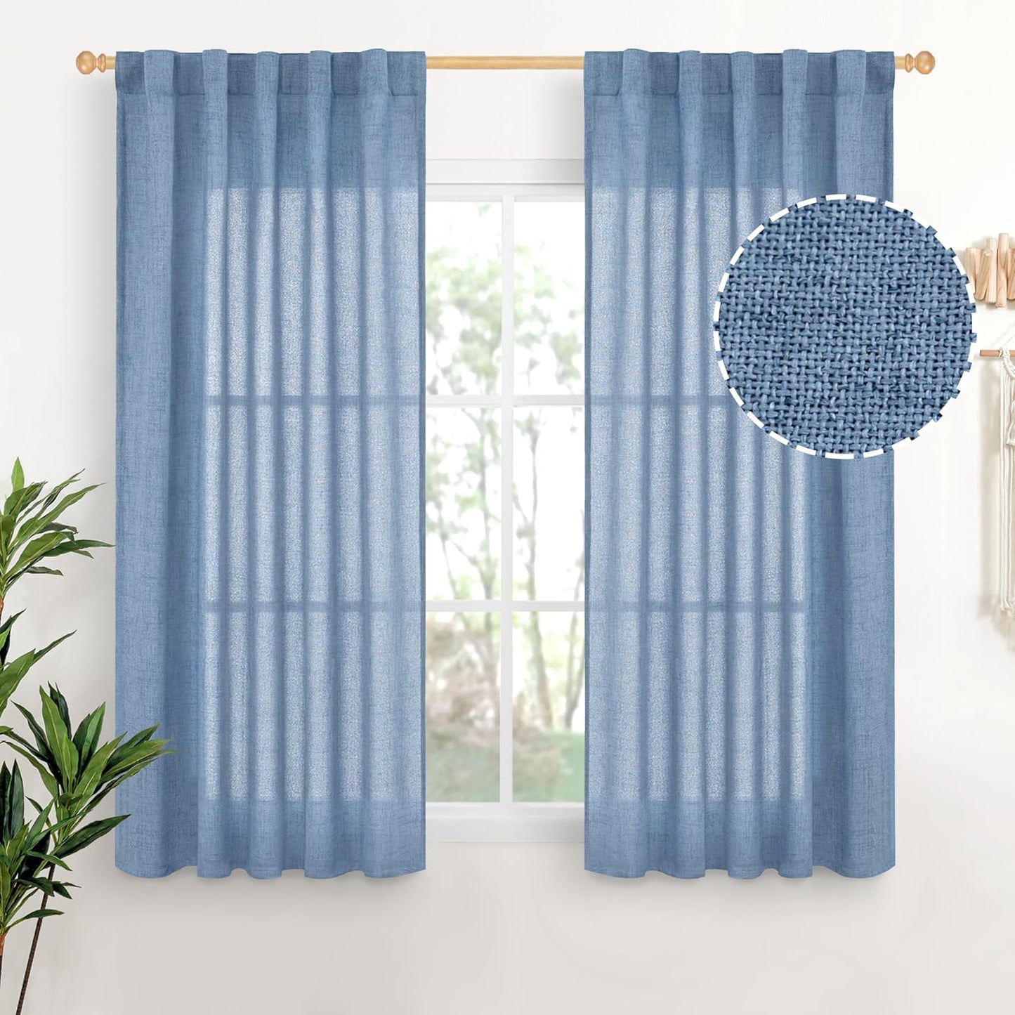 YoungsTex Denim Blue Short Linen Curtains 45 Inches Length for Kitchen, Light Filtering Semi Sheer Drapes with Rod Pocket Back Tab for Bedroom Cafe Small Window Privacy, 42 x 45 Inch, 2 Panels