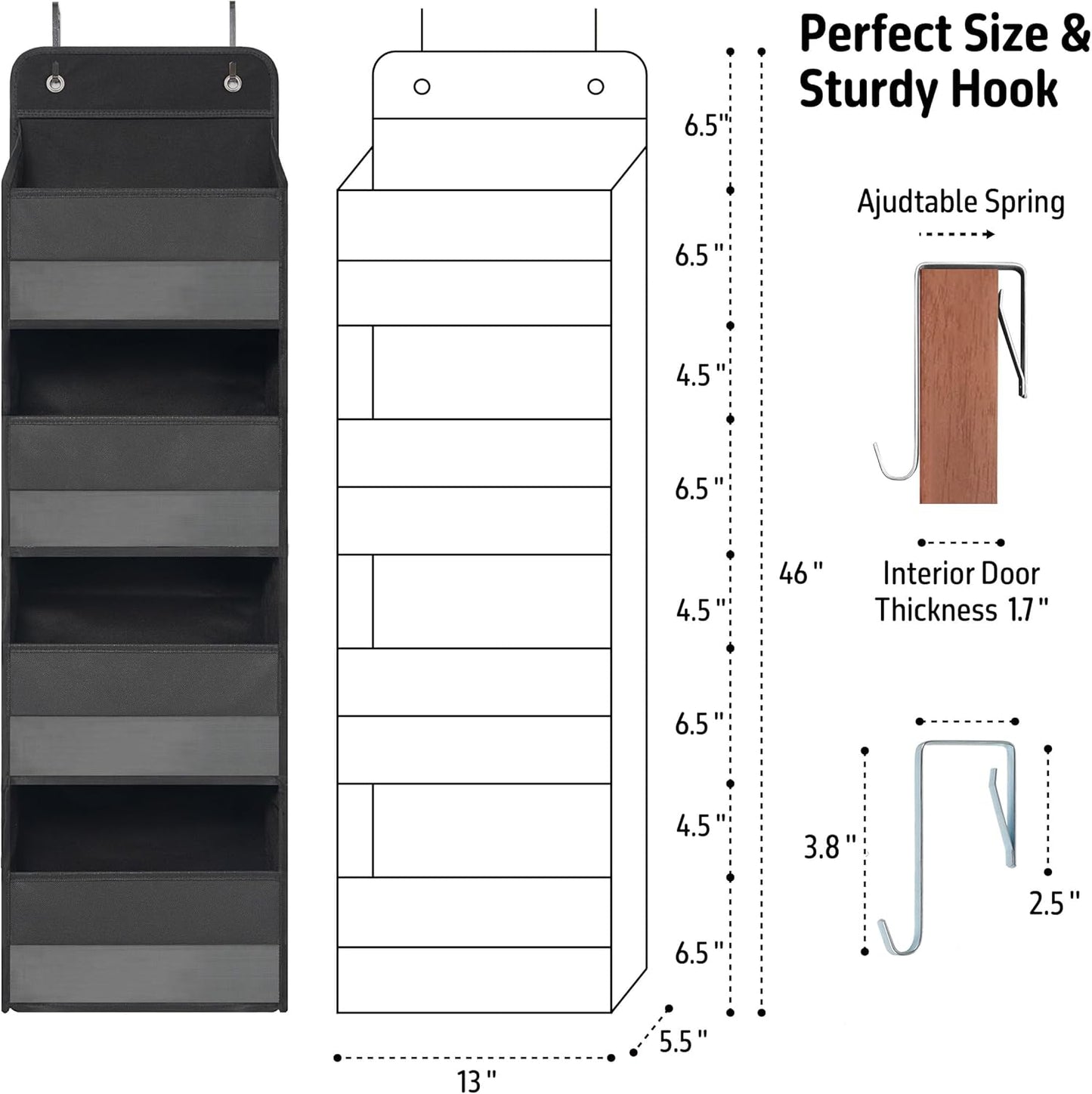 Over The Door Hanging Organizer with 4 Large Pockets – Closet, Bathroom, Nursery, Bedroom, Dorm Storage for Toys, Cosmetics, and Baby Essentials, Black