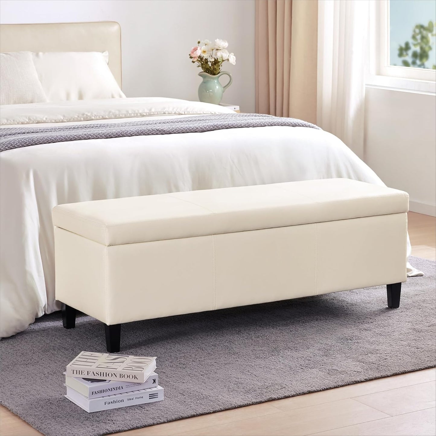 HUIMO Faux Leather Storage Ottoman Bench 50.3 inch Extra Long Upholstered Bedroom Bench with Large Storage Space for The Living Room, Entryway, Bedroom Hold Up to 300lbs (Cream)