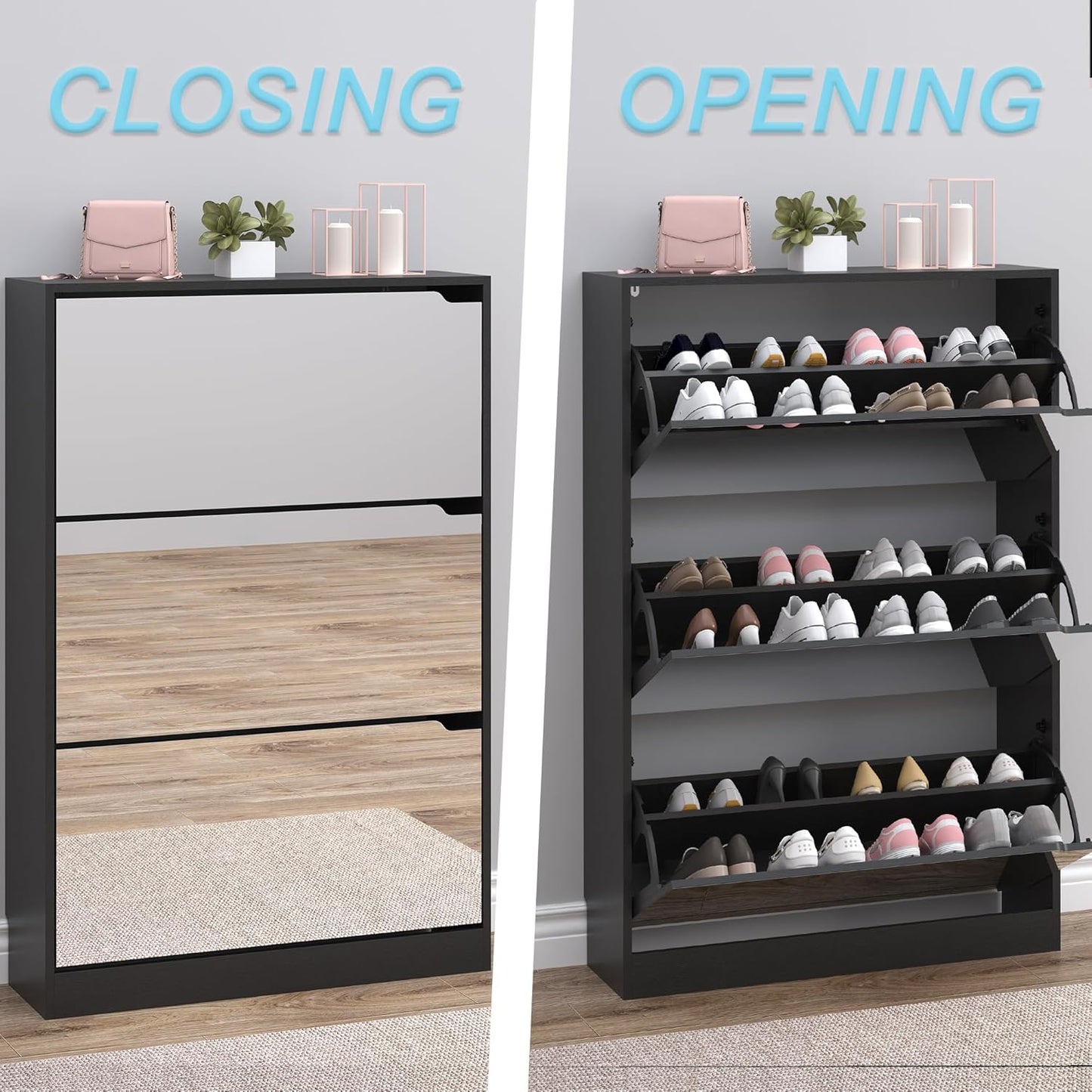 Shoe Cabinet with 3-Flip Mirror Drawers, Freestanding Shoe Rack Organizer with Hidden Handle, Slim Narrow Shoe Storage Cabinet for Entryway, Entrance, Hallway, Bedroom