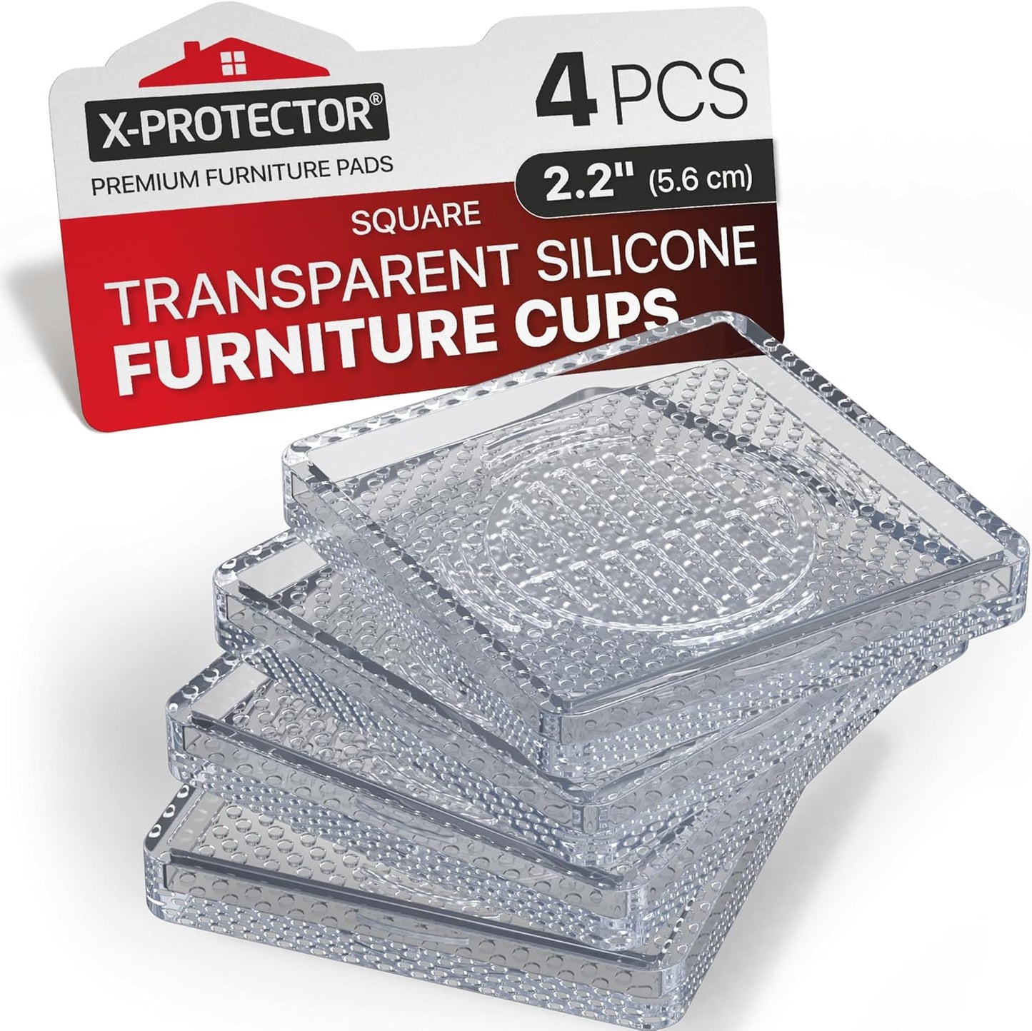 X-Protector Furniture Cups - 4 PCS 2.2" - Non Slip Furniture Pads for Hardwood Floors - Transparent Floor Protectors - Bed Stoppers to Prevent Sliding - Keep Furniture from Sliding on Floor! (Square)