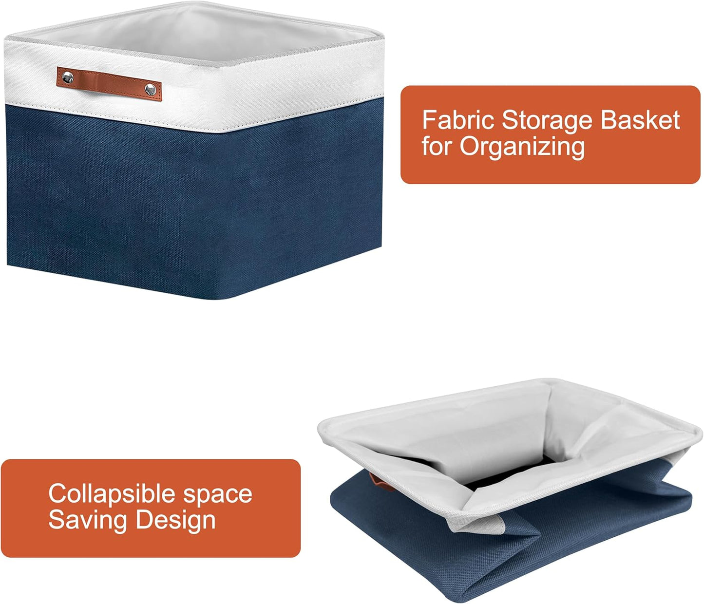 13in Open Fabric Storage Basket with Leather Handles for Organizing, Collapsible Linen Closet Bins for Shelves, Closets, Laundry, Decorative Basket for Gifts. (White＆Blue, 2PCS/13x13in)