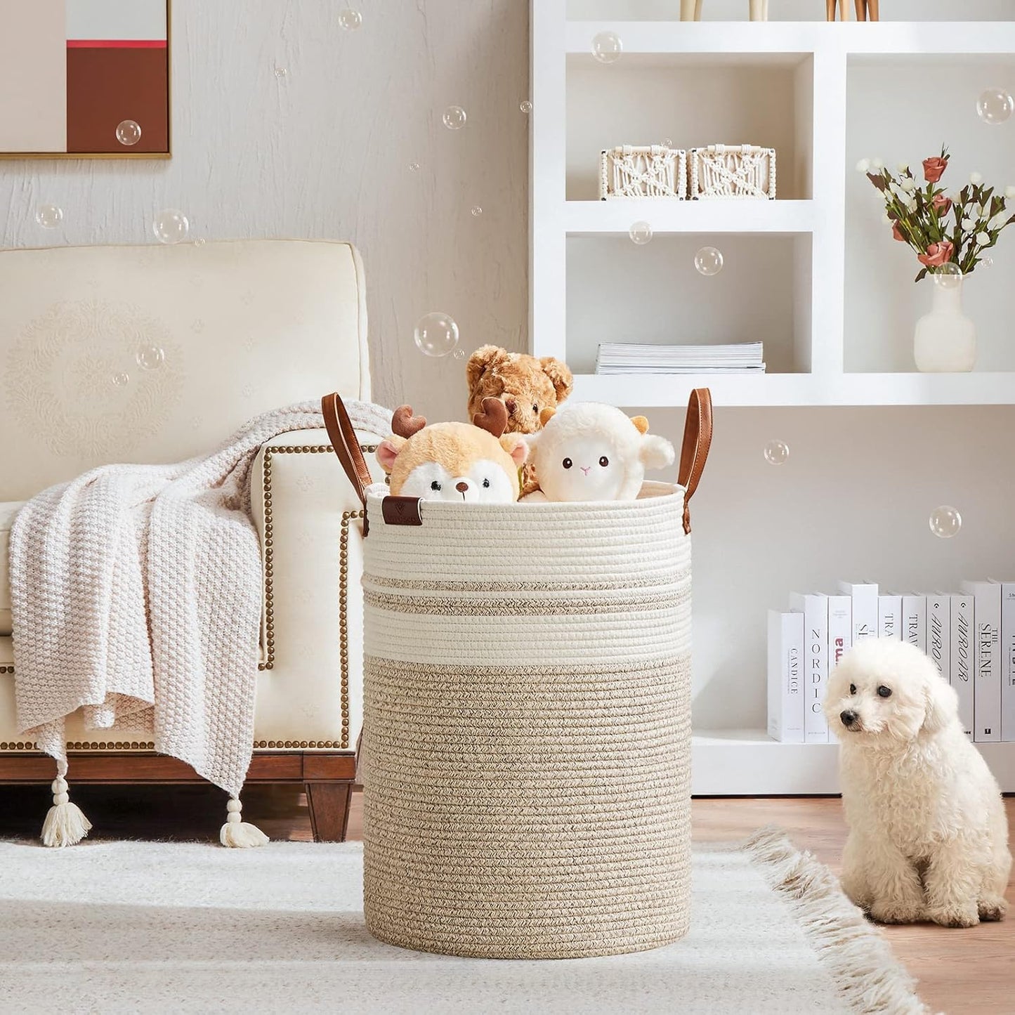 VIPOSCO Tall Laundry Basket, Large Dirty Clothes Hamper with Leather Handle, Woven Rope Storage Basket for Blanket, Toy In Living Room, Bathroom, Bedroom - 72L Brown & White