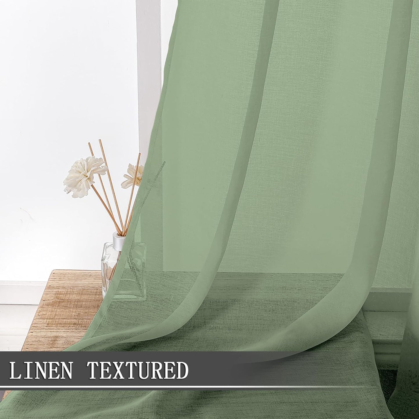 Tollpiz Sheer Curtains Linen Textured Bedroom Curtain Sheers Light Filtering Rod Pocket Voile Curtains for Living Room, 54 x 84 inches Long, Sage Green, Set of 2 Panels