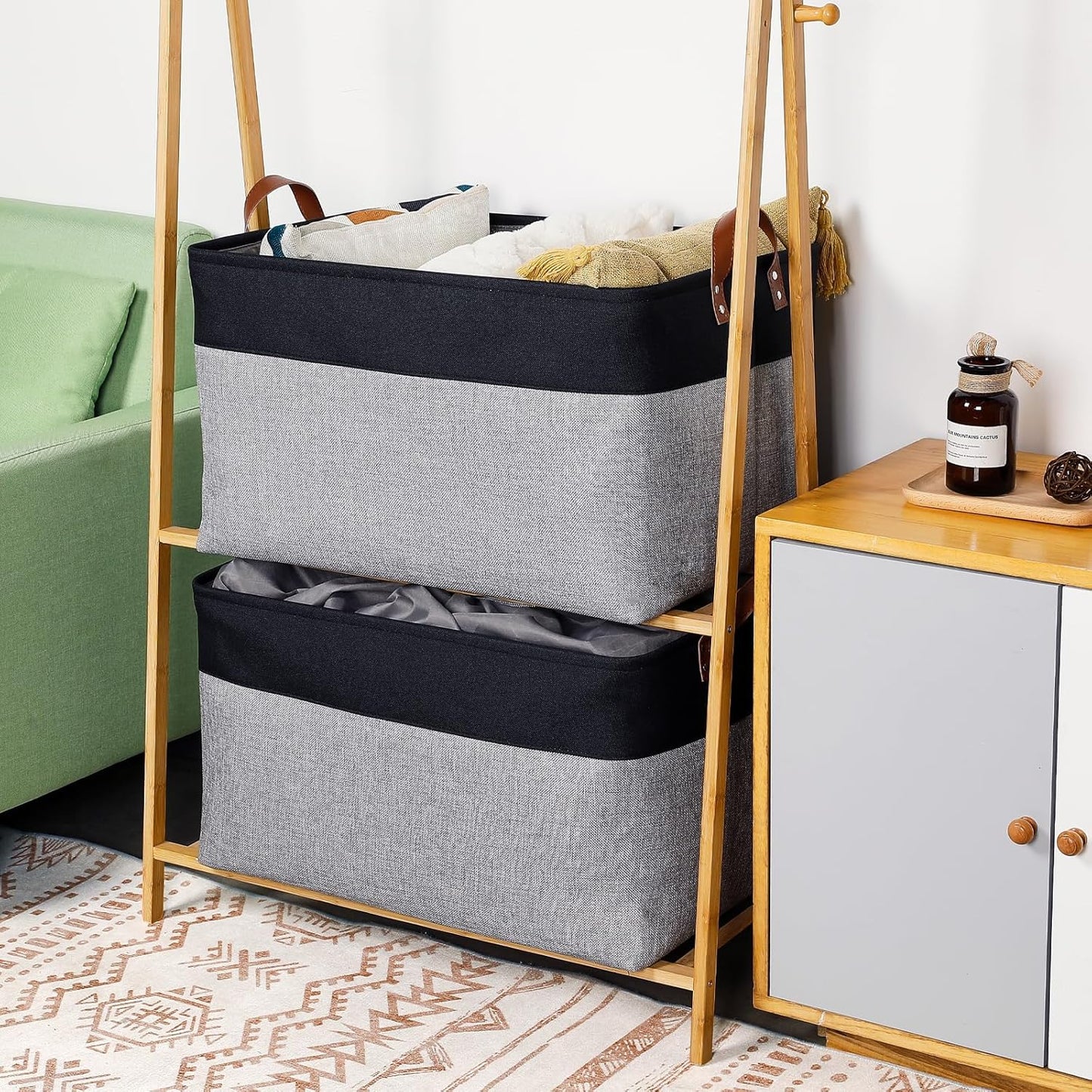 DULLEMELO Extra Large Storage Basket 22X15, 70L Foldable Fabric Toys Baskets Organizer Bins, Black&Grey