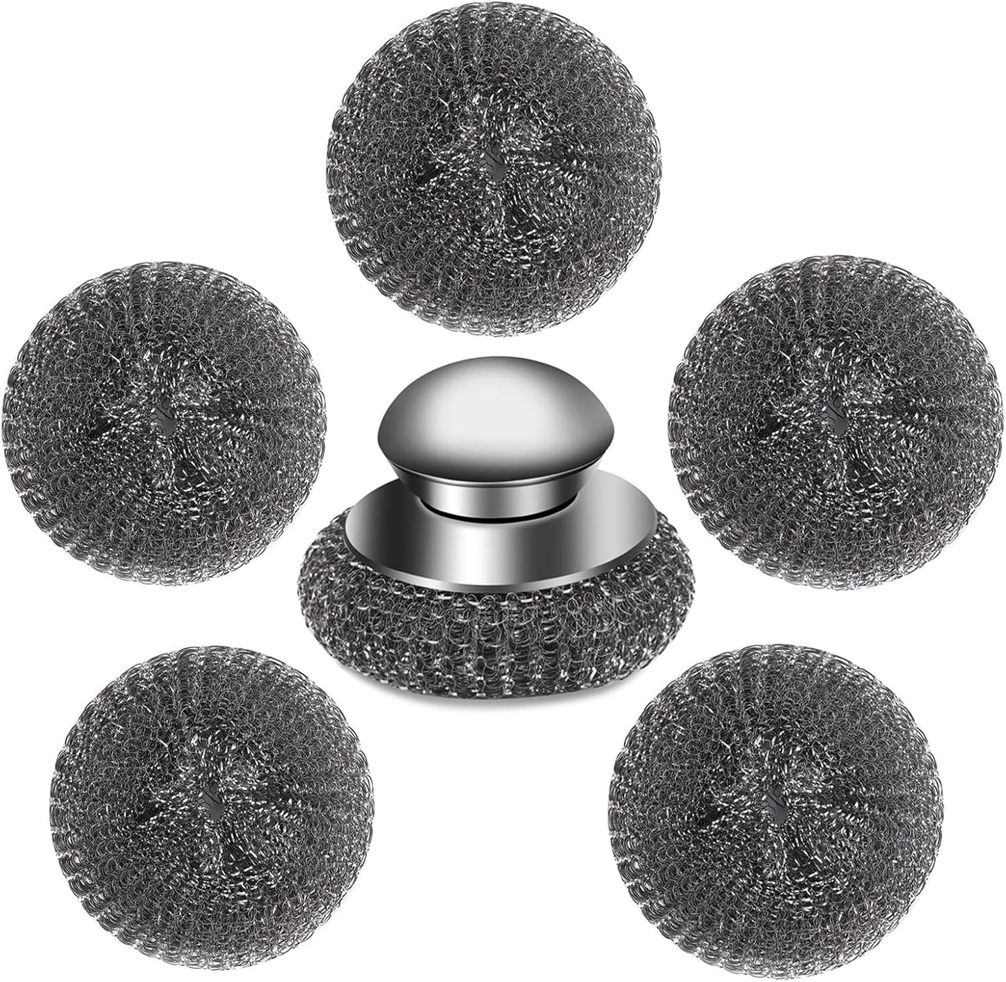 6Pcs Steel Wool Scrubber with Replacement Wire Pads Set, Stainless Steel Scrubber with Handle for Scouring Stubborn Messes from Cast Iron, Pots, Pans, Grill, Stoves, Sink(1 Scrubber+5 Pads)