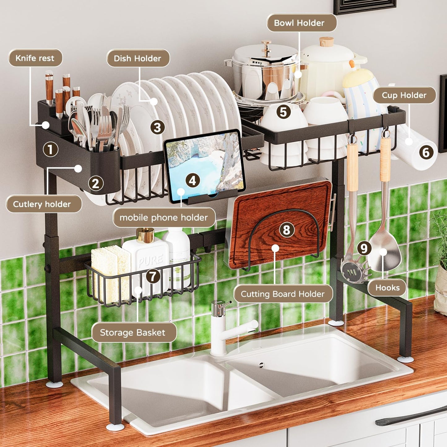 Over The Sink Dish Drying Rack, Expandable Height and Length, 2 Tier Large, Stainless Steel, 24-35.5 inches L x 12 inches W x 19-22 inches H