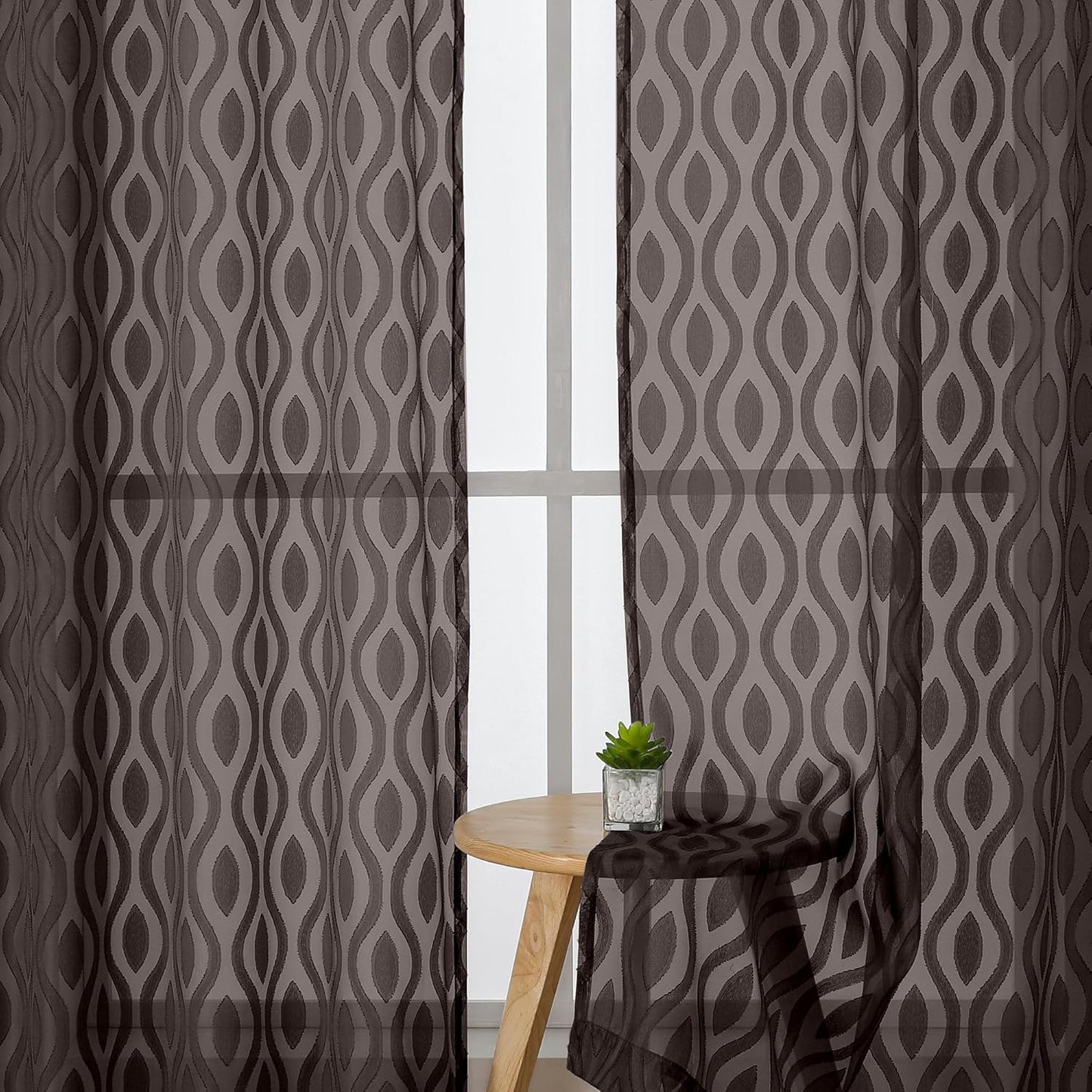 Aiyufeng Brown Valance Curtains 14 Inch Length, Chic Wavy Line Clip Jacquard Sheer Curtains for Basement Bathroom, Lightweight Solid Rod Pocket Small Window Curtains, 2 PCS, 40Wx14L Inch