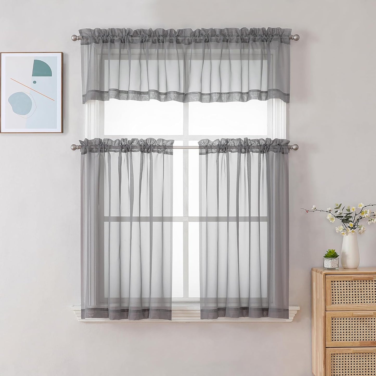 Chyhomenyc Sheer Charcoal Grey Valances for Windows 2 Pack, Small Window Curtains for Living Room Bathroom Cafe Laundry Basement, Modern Top Dual Rod Pocket Voile Curtain, 42W x 18L inches