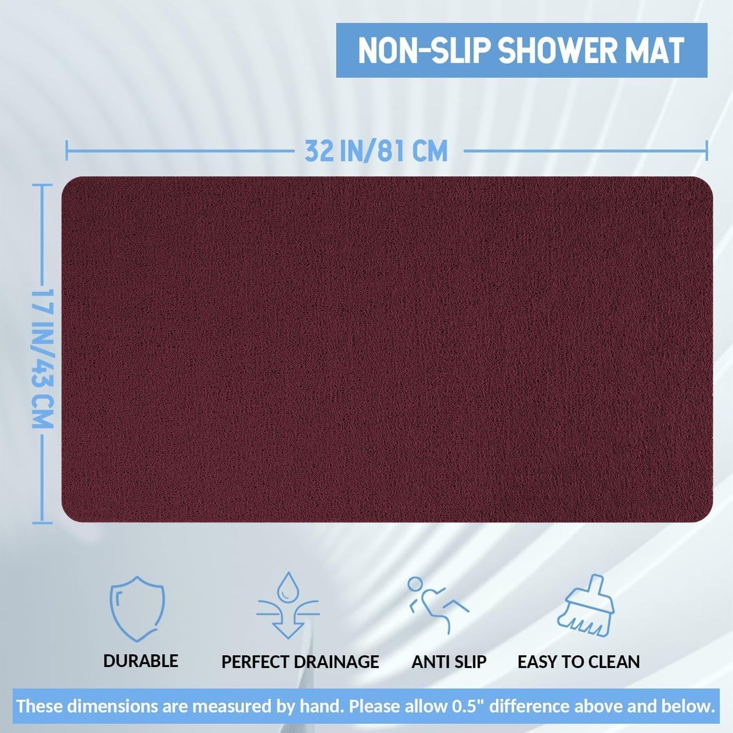 Non-Slip Bathtub Mat, Anti Slip Shower Mat, Fast Drying Bathtub Mats, Foot Scrubber Mat, Anti Slip Mat for Tub, Floor, Bathroom, Kitchen, Home, Hotel (Wine Red 32"×17")