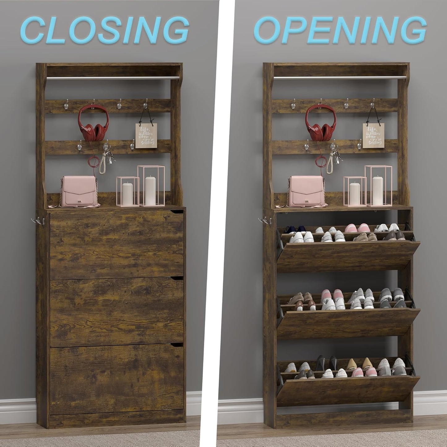 Shoe Cabinet with 3 Flip Drawers & Coat Rack, Narrow Hidden Shoe Storage Cabinet, 2-in-1 Hall Tree Slim Freestanding Shoe Rack Organizer for Entryway, Hallway, and Living Room