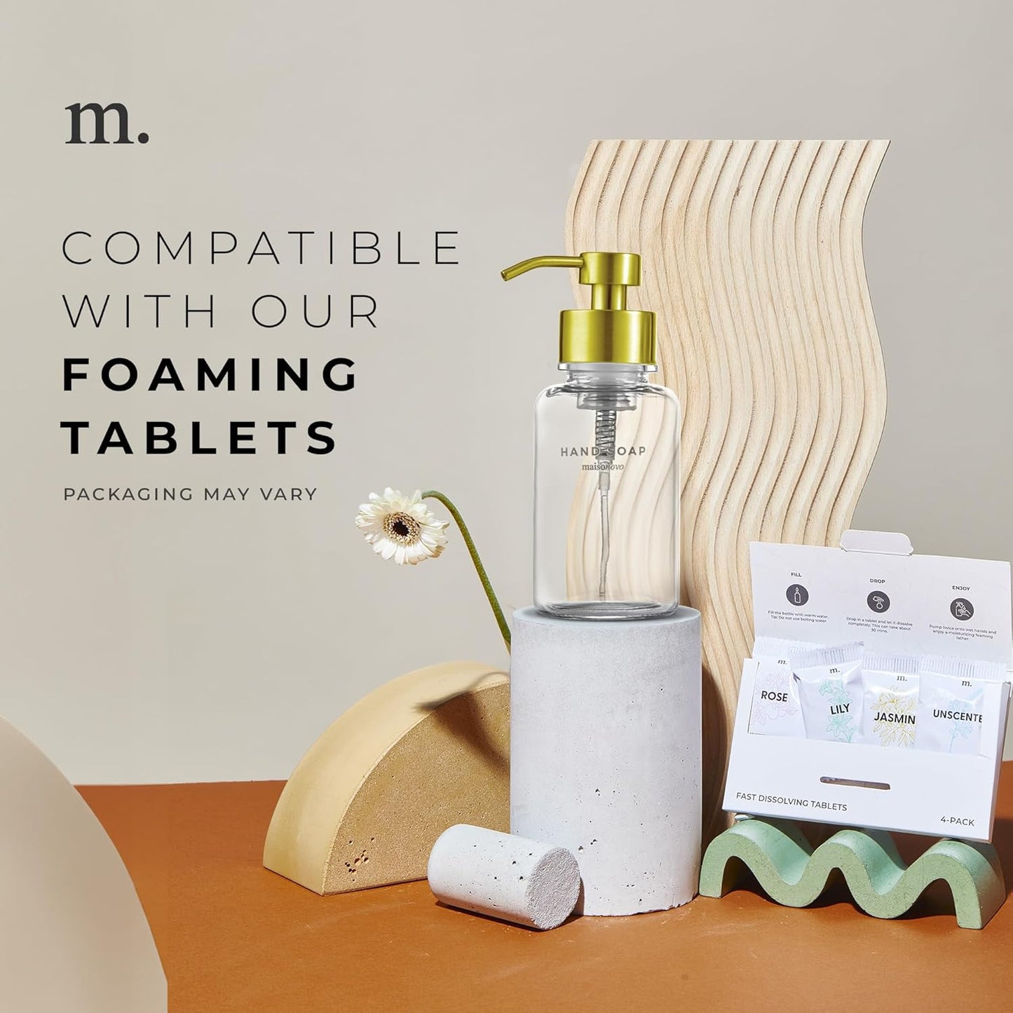 MaisoNovo Glass Foaming Hand Soap Dispenser 14 Oz | Gold Foaming Soap Dispenser Clear Bottle Gold Pump x 1 w/Labels