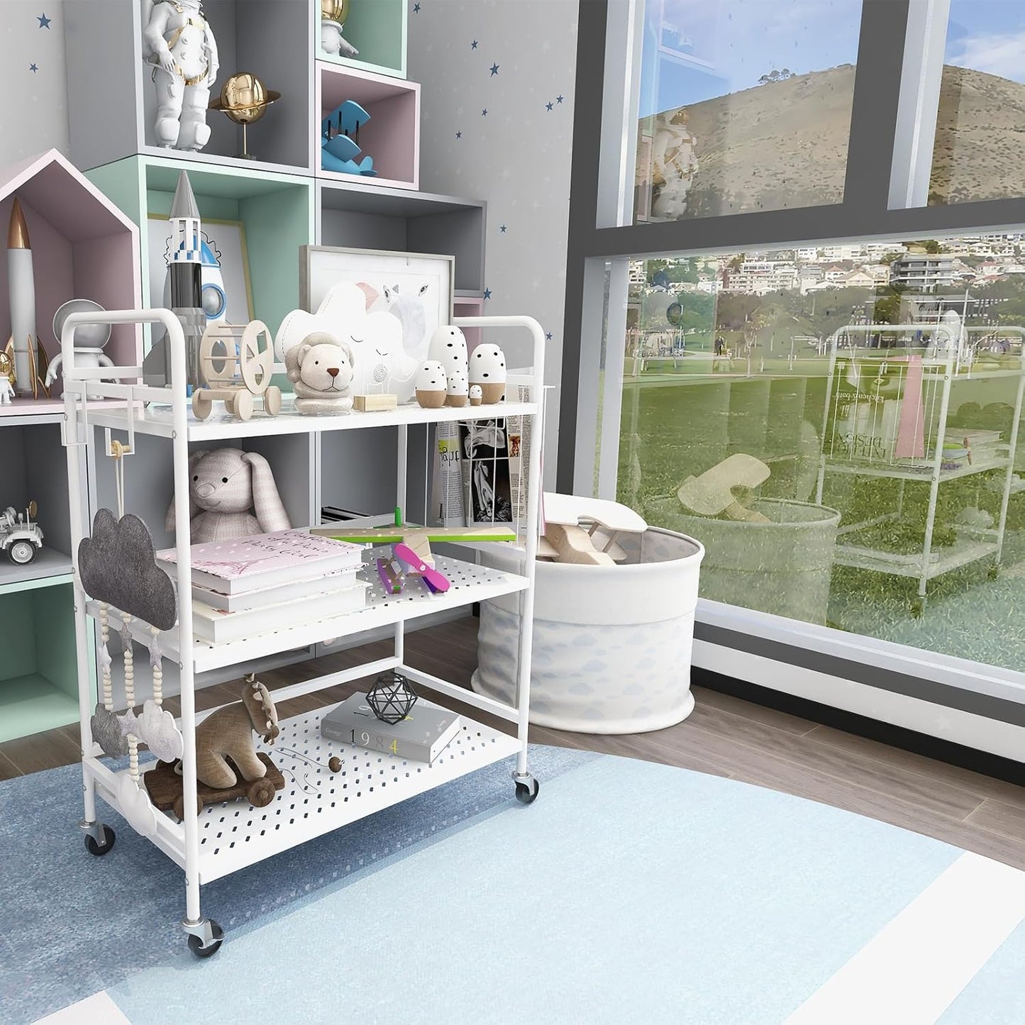 HDANI 3 Tier Metal Mesh Utility Cart,Large Capacity Multipurpose Heavy Vehicle,Rolling Trolley with to Hooks and One Basket(White)