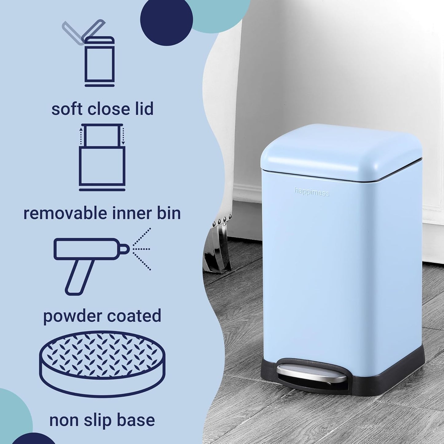 happimess HPM1012H Betty Retro Mini 3.2-Gallon Step-Open Trash Can, Fingerprint Resistant, Modern, Minimalistic for Home, Kitchen, Laundry Room, Office, Bedroom, Bathroom, Tide Pool Blue