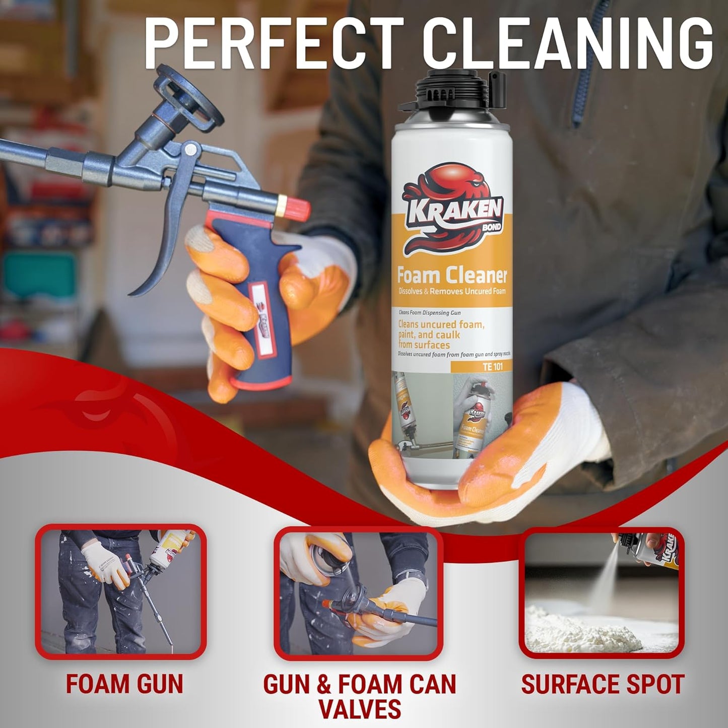 Kraken Bond Spray Foam Gun Cleaner - (1x12.3oz) Polyurethane Foam Insulation Cleaner Spray, Dissolves Uncured Expanding Foam, Foam Cleaner Spray for Extended Tool Durability - 1 Pack