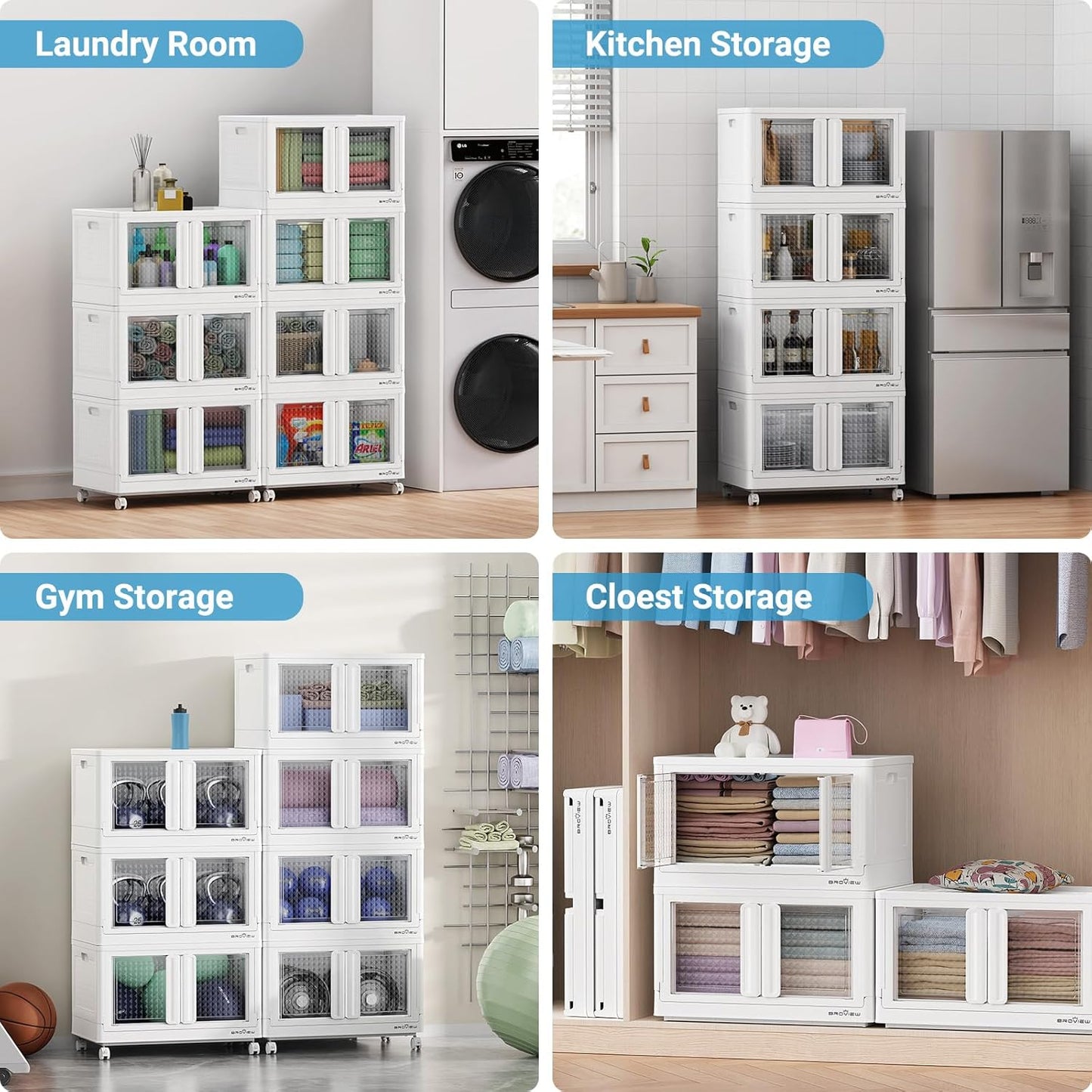 BROVIEW 140Gal Stackable Storage Bins with Lids & Wheels, 560Qt Plastic Collapsible Closet Organizer and Storage Drawers, Storage Boxes Cabinets for Home, Office, 7 Pack, White