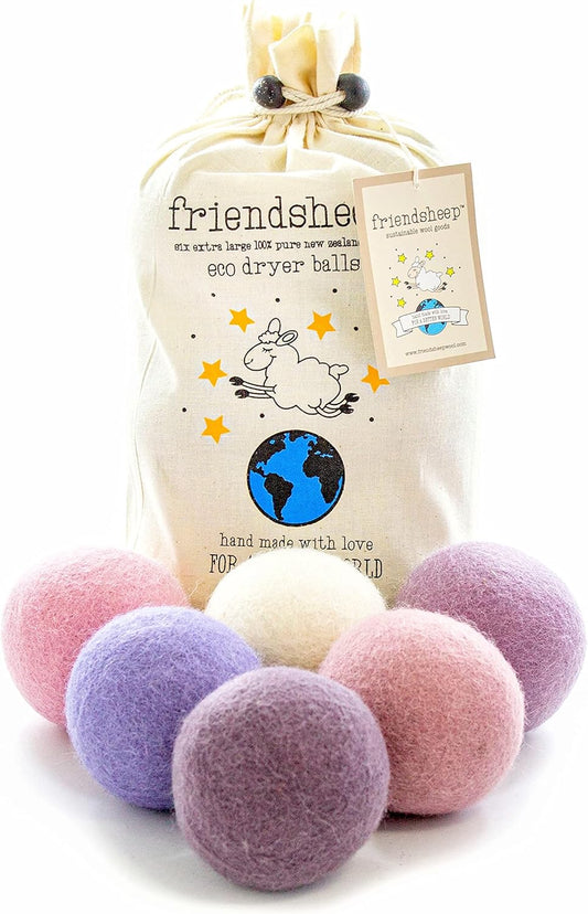 Friendsheep Wool Dryer Balls Organic Lavender 6 Pack XL Premium Reusable Cruelty Free Handmade Fair Trade No Lint Fabric Softener Color - Lavender Bliss