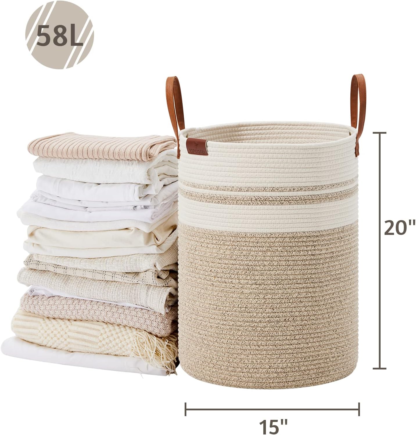 VIPOSCO Tall Laundry Basket, Large Dirty Clothes Hamper with Leather Handle, Woven Rope Storage Basket for Blanket, Toy In Living Room, Bathroom, Bedroom - 58L Brown & White