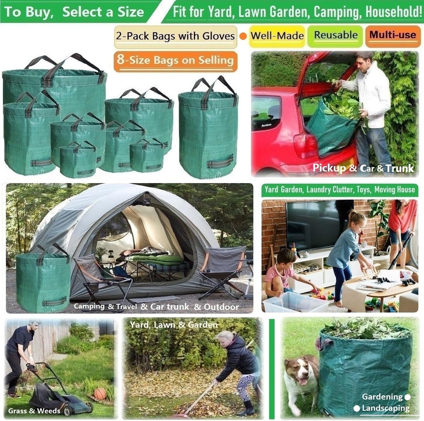 Standard 2-Pack 16 Gallon Yard Lawn Garden Bags (D18, H15 inch) with Gardening Gloves, Yard Waste Bags,Patio Debris Container,Camping Trash Bin,Recycling Bag,Laundry Bin,Lawn Weeds,Leaf Bags 4 handles
