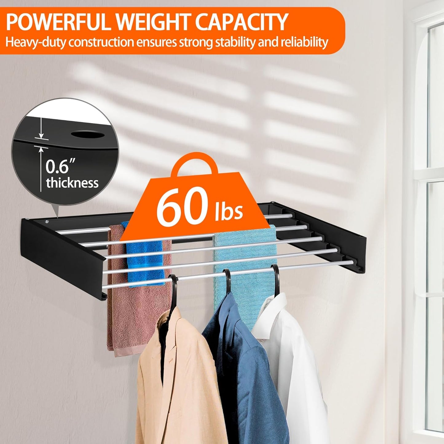 FOCHIER F Laundry Drying Rack Wall Mounted Clothes Drying Rack Collapsible with 5 Aluminum Rods and Drilling Template Long Screwdriver Bit 60 lbs Capacity (Black, 31.5")