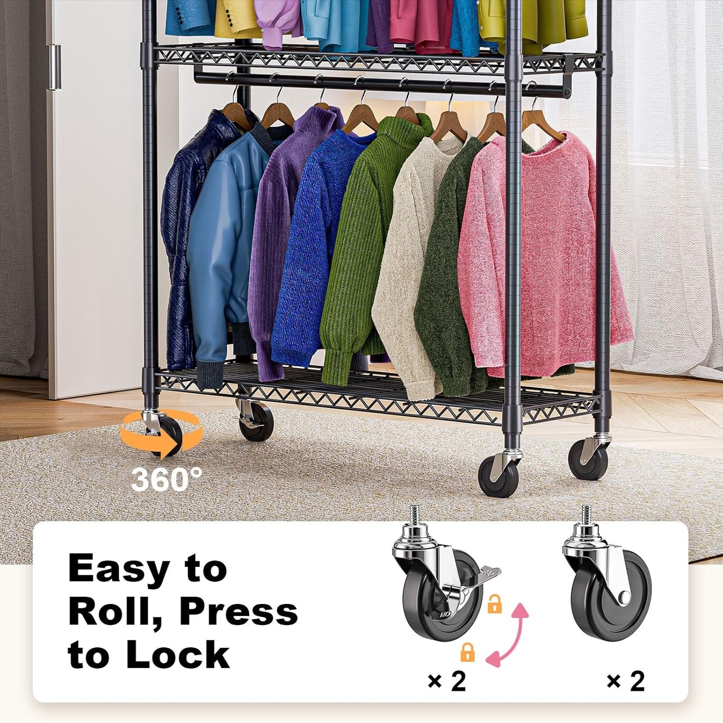 Heavy Duty Rolling Garment Rack 3 Tiers Adjustable Wire Shelving Clothes Rack with 2 Rods and Side Hooks,Storage Closet Clothing Rack with Wheels Black 15.7" D x 45.3" W x 79.6" H