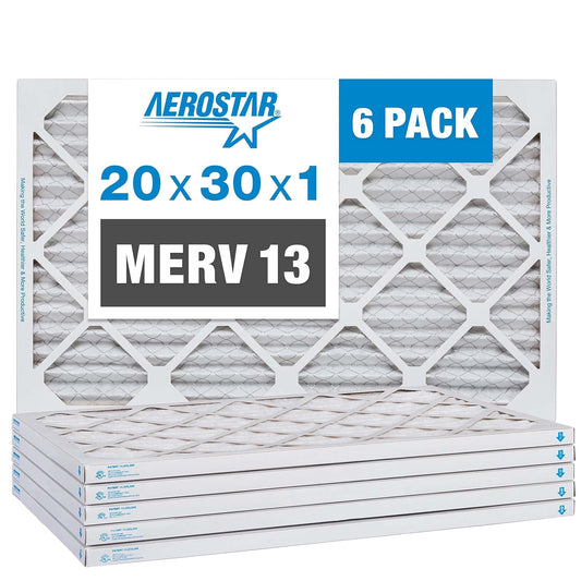 Aerostar 20x30x1 MERV 13 - 6 Count - Pleated HVAC, Furnace & Air Conditioner Filters - Removes Bacteria, Dust, Cold & Flu Germs, Lint, Mold, Pet Dander, Allergy-Causing Pollen, Smog, Smoke & Viruses