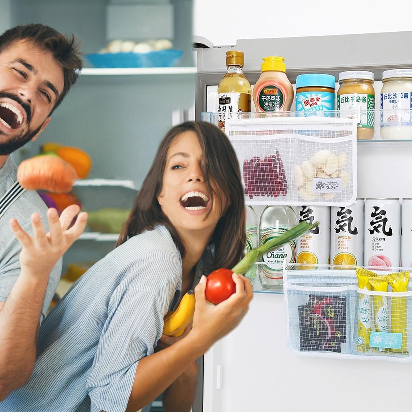 3PCS Refrigerator Door Organizer Set, Fridge Hanging Mesh Bag for Kitchen Storage Bag, Household Sundries Sorting Bag Used to Refrigerator Side Door, Only for Small Objects Containers (White)