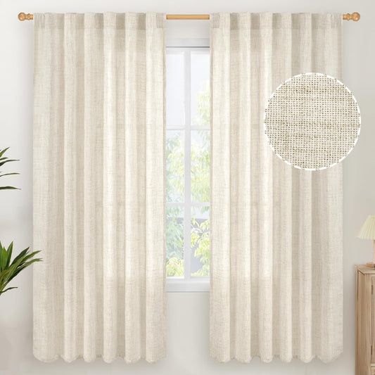 YoungsTex Linen Curtains for Living Room 2 Panels - Ivory Cream Light Filtering Drapes with Back Tab Rod Pocket Rustic Semi Sheer for Country Bedroom, 52 X 72 Inch