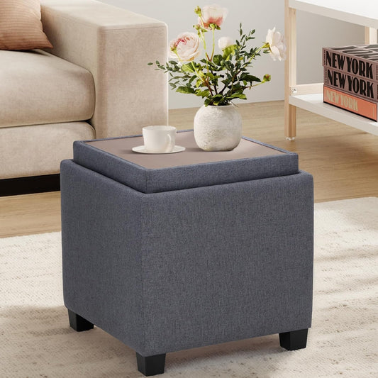 COLAMY Fabric Square Storage Ottoman with Reversible Tray Lid – Multi-Functional Footrest, Hidden Storage, Sturdy & Stylish Small Coffee Table for Living Room, Bedroom, or Entryway(Grey)