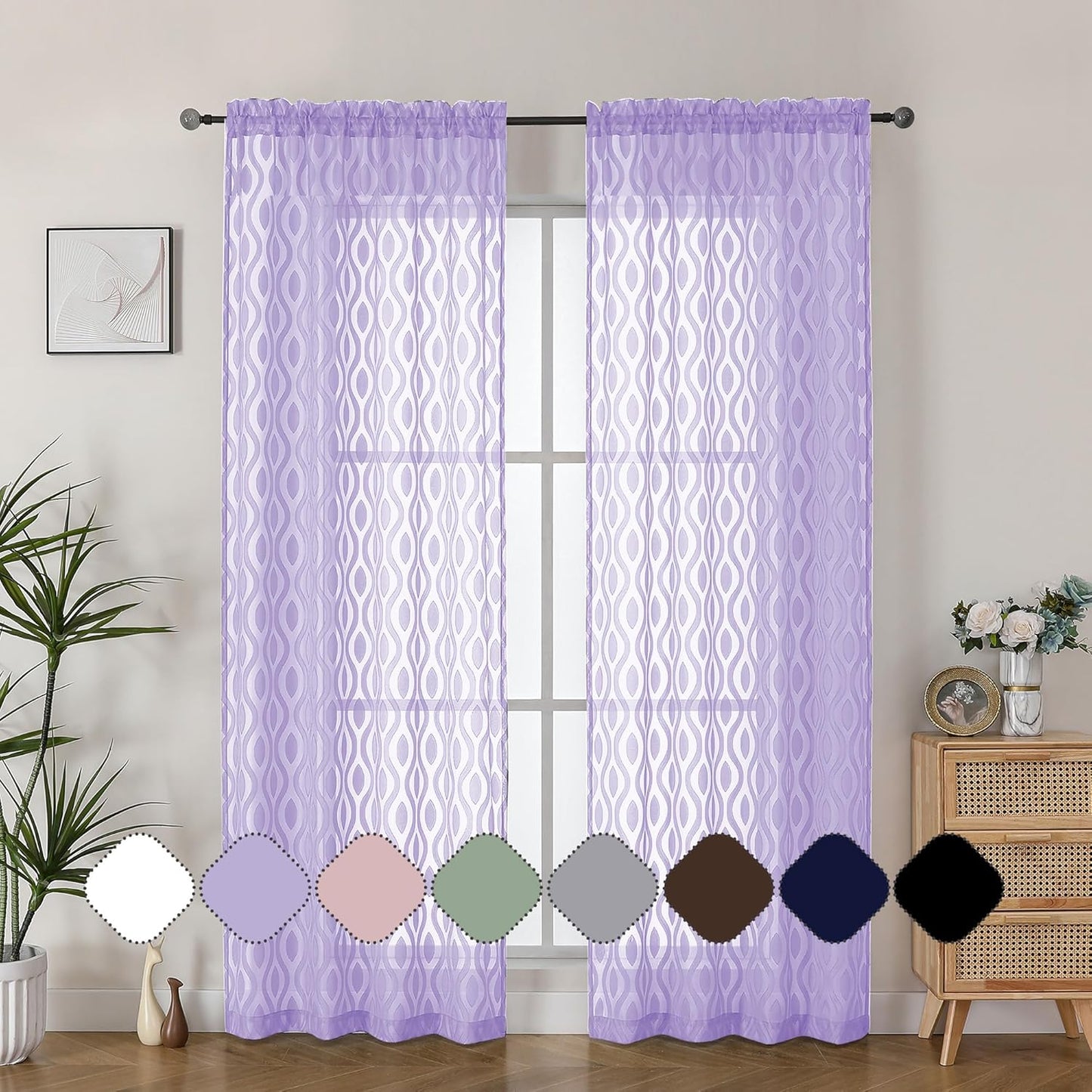 Aiyufeng Purple Sheer Curtains 84 Inch Length 2 Panels, Solid Lightweight Clip Jacquard Light Filtering for Bedroom Living Room, Modern Wavy Line Rod Pocket, Total 80 Inches Width