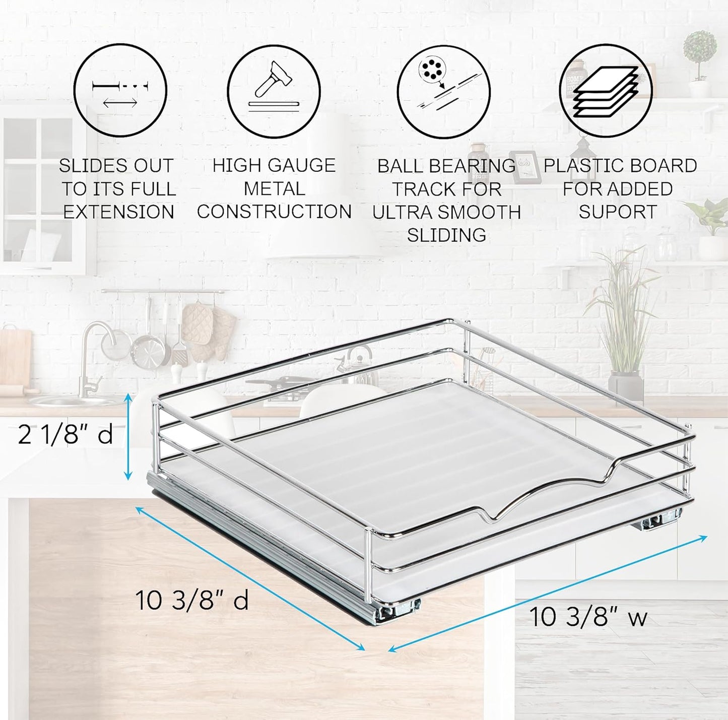 Pull Out Cabinet Organizer for Spices, Cans - Heavy Duty with Lifetime Limited Warranty- Pull Out Spice Rack- Cabinet Pull Out Shelf for Cans,Dishes, Etc, 10"W x 10"D x 2-1/8 H, Chrome