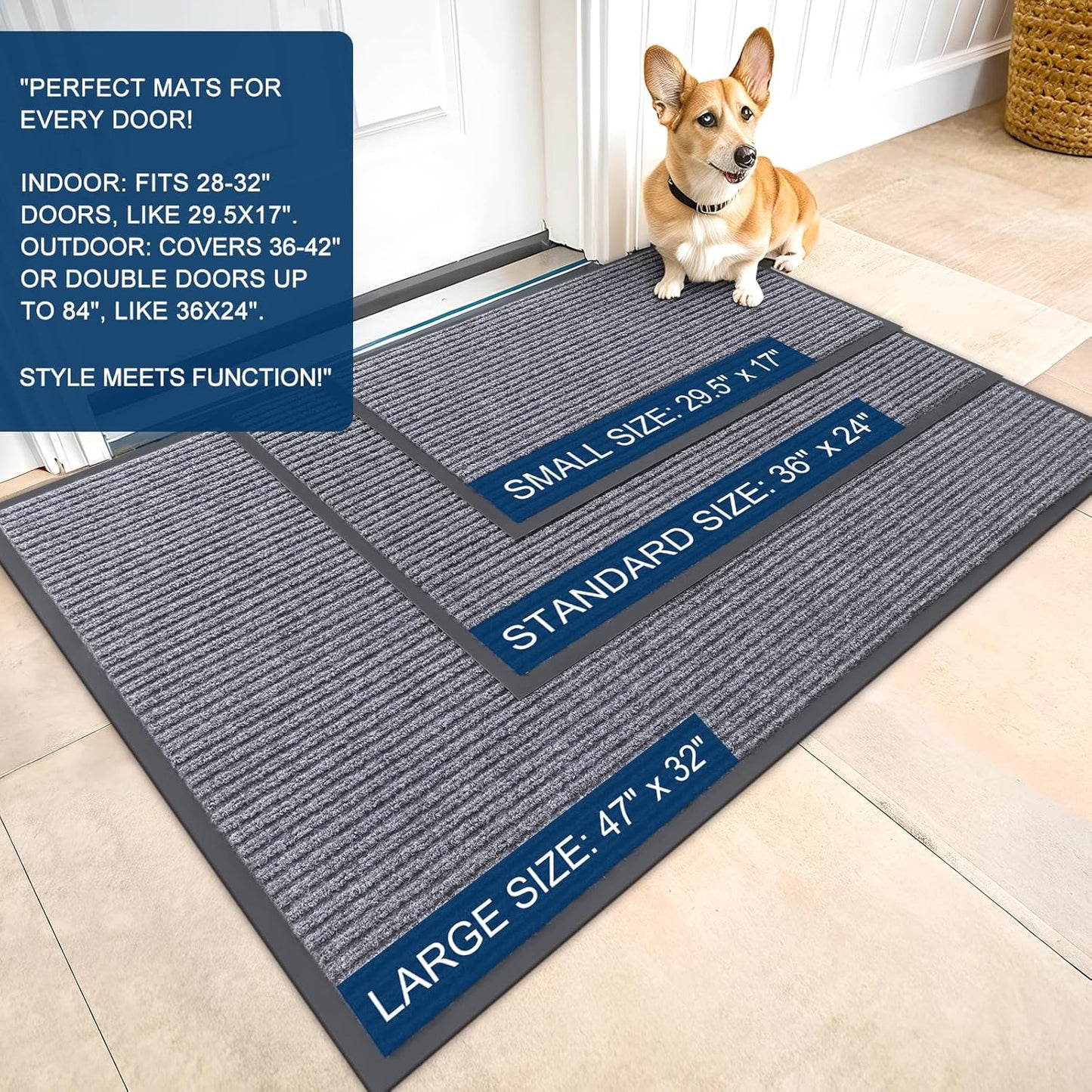 OLANLY Front Door Mat Indoor Outdoor Entrance, Waterproof Heavy Duty Doormat, Fade Resistant, Low Profile, Easy Clean Patio Porch Welcome Floor Mats for Entry, 47x24, Light Gray