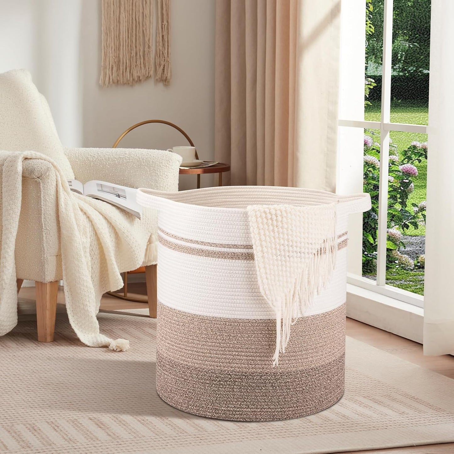 OIAHOMY 100L Laundry Hamper - Storage Basket with Handles, Decorative Woven Basket for Living Room, Toys Bin, Pillows, Blankets, Clothes - 19x21in - Gradient Yellow