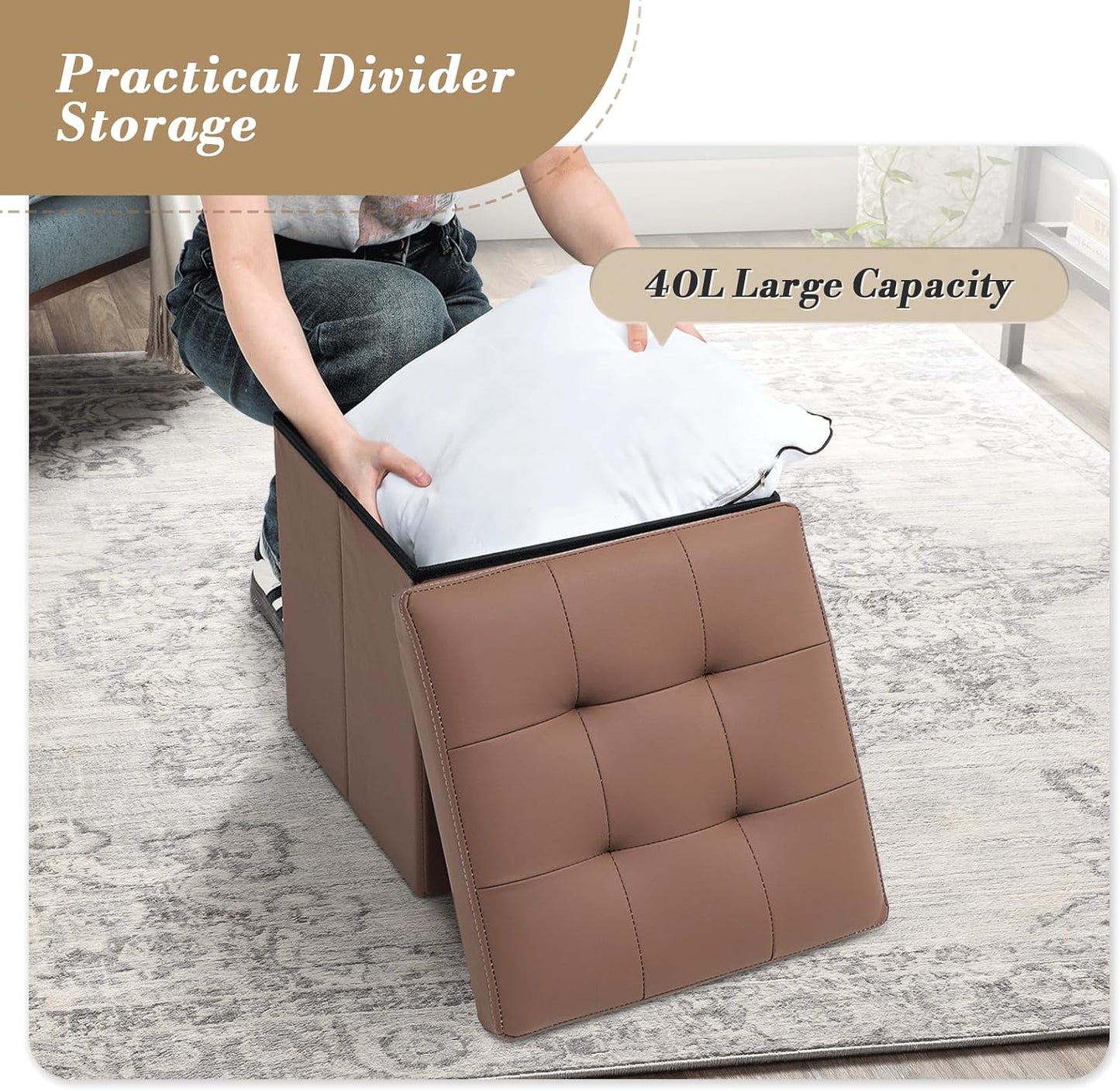 Athena Collection 15" Storage Ottoman Bench Folding Bench with 40L Hidden Storage, Small Cube Ottoman PU Leather Foot Rest Stool Chest with Flipping Lid for Living Room, Bedroom, Entryway, Brown