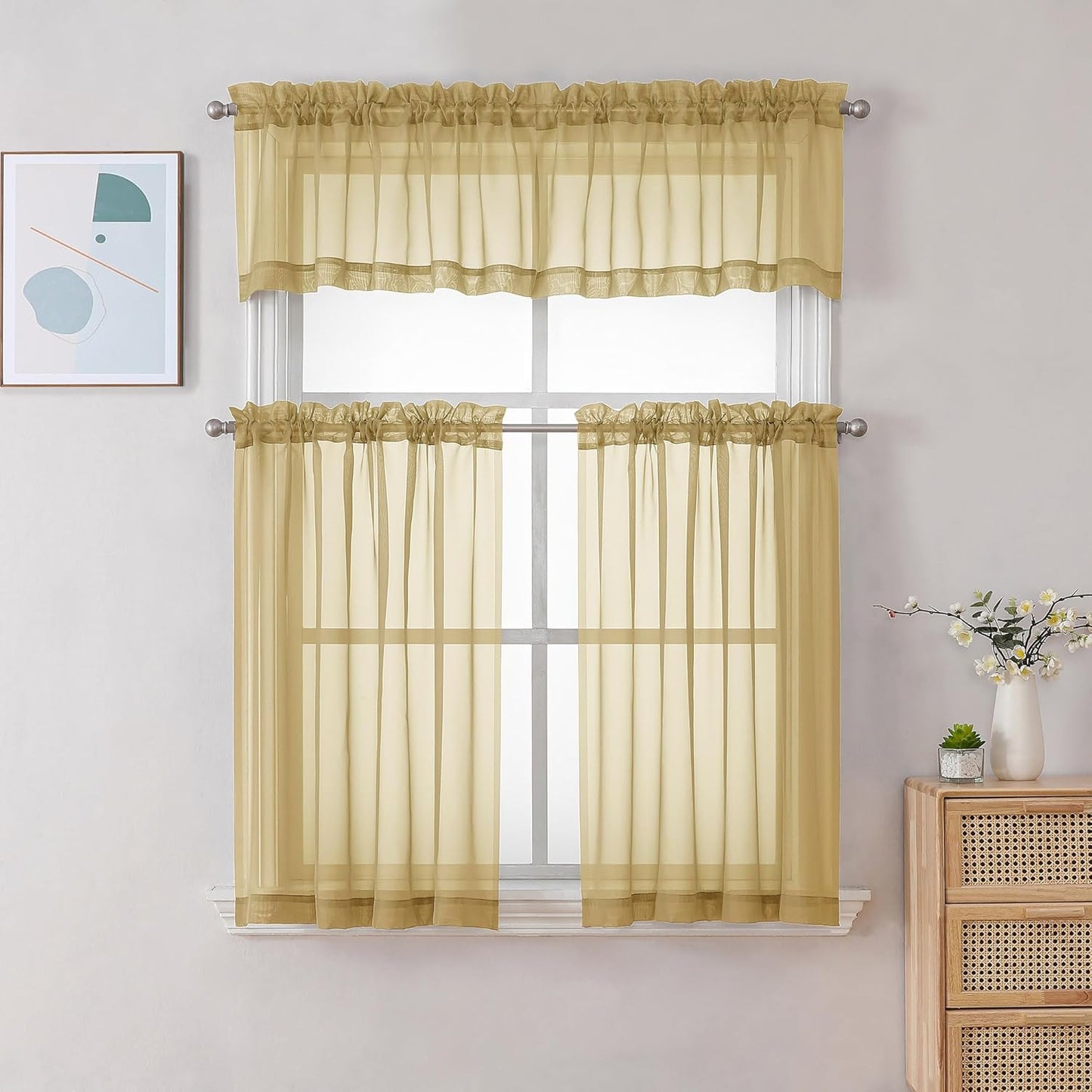 Chyhomenyc Sheer Valances for Windows 2 Pack, Small Window Curtains for Living Room Bathroom, Modern Top Dual Rod Pocket Voile Basement Curtains, 42W x 14L inches, Gold