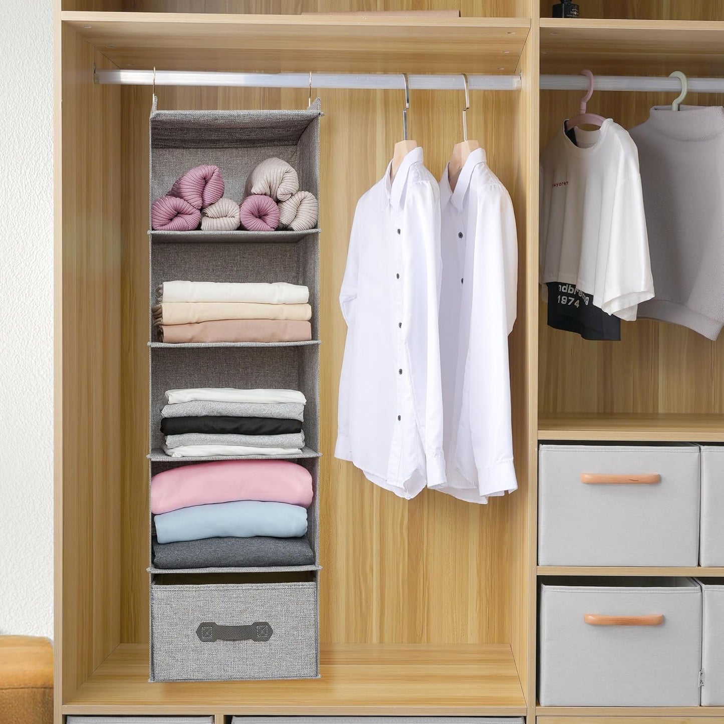 Large Hanging Sweater Organizer for Closet,Collapsible 6-Shelf Hanging Closet Shelves with Drawers, Washable (Grey-5 Shelf-1 d)