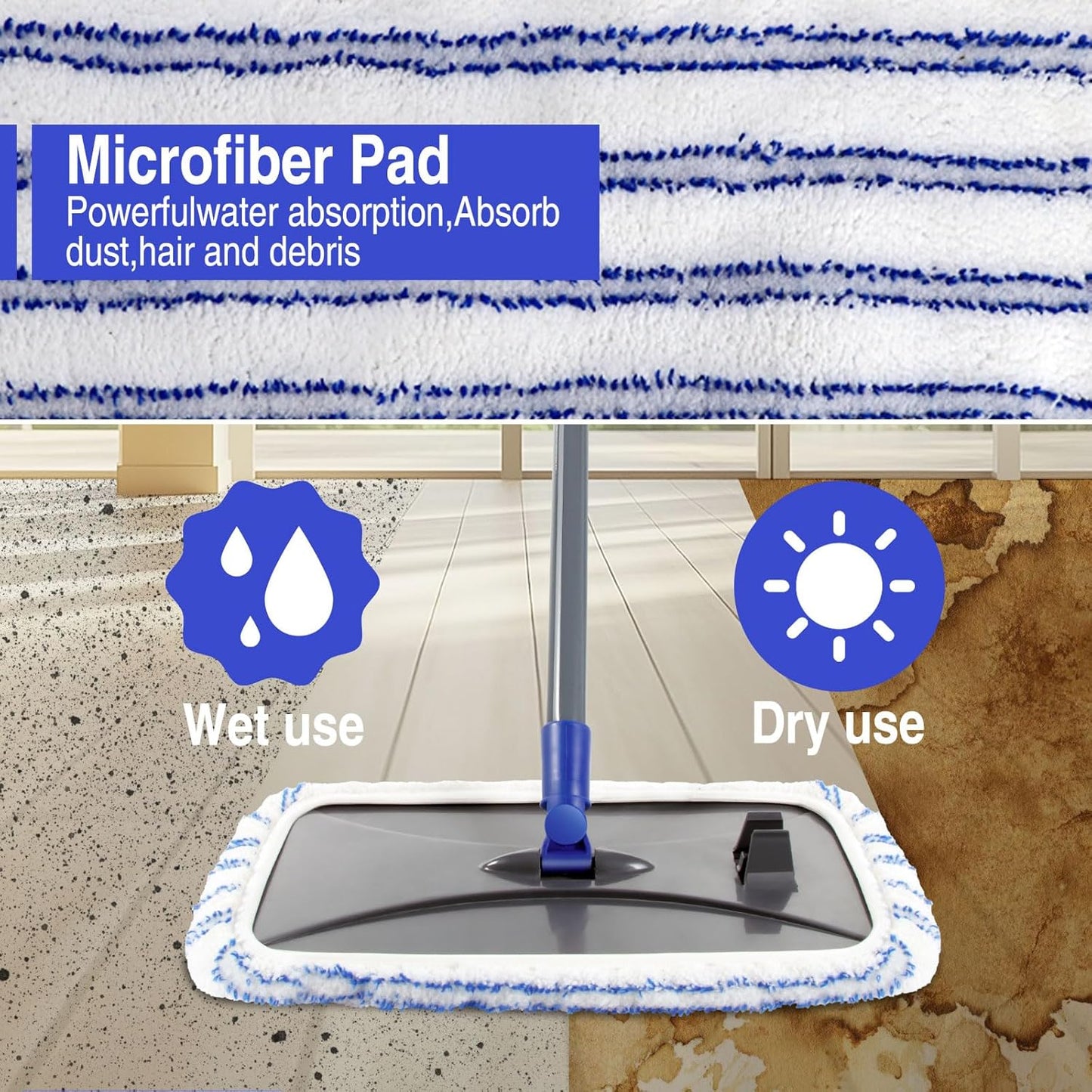 MASTERTOP Microfiber Mops for Floor Cleaning, Extra Large Industrial Mop,Floor Commercial Mop for Wet & Dry Use, Flat Mops for Hardwood, Vinyl, Laminate, Tile Floors, 5 Reusable & Washable Pads