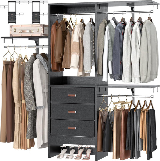 Armocity 5FT Small Closet System with 3 Fabric Drawers, 60 Inches Walk In Closet Organizer System With 3 Adjustable Shelves, Heavy Duty Clothes Rack Built-In Garment Rack, 59" L x 16" W x 71" H, Black