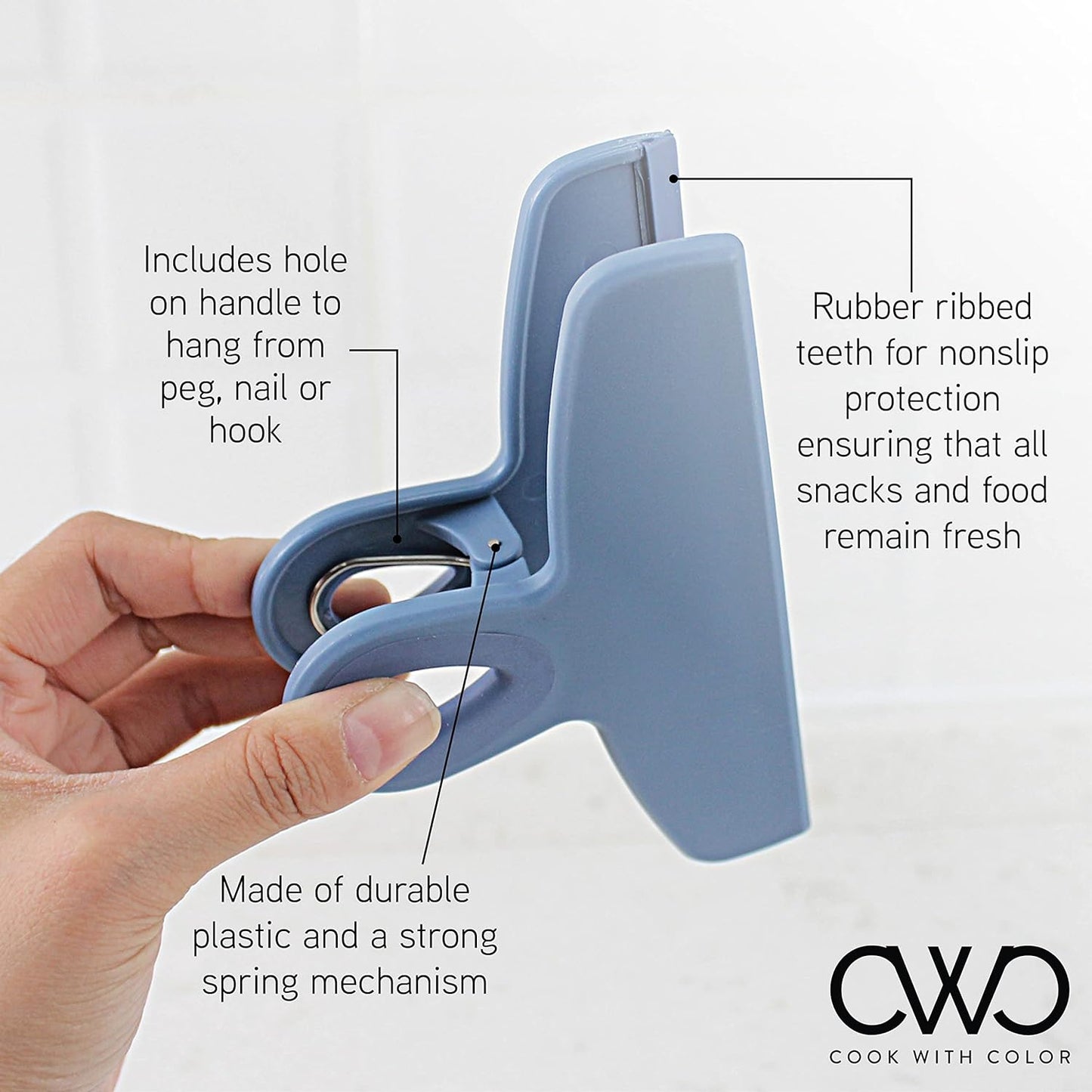 COOK WITH COLOR Bag Clips - Heavy Duty Chip and Refrigerator Magnet Clips for Food Storage with Air Tight Seal Grip, Denim, Pack of 4 Large