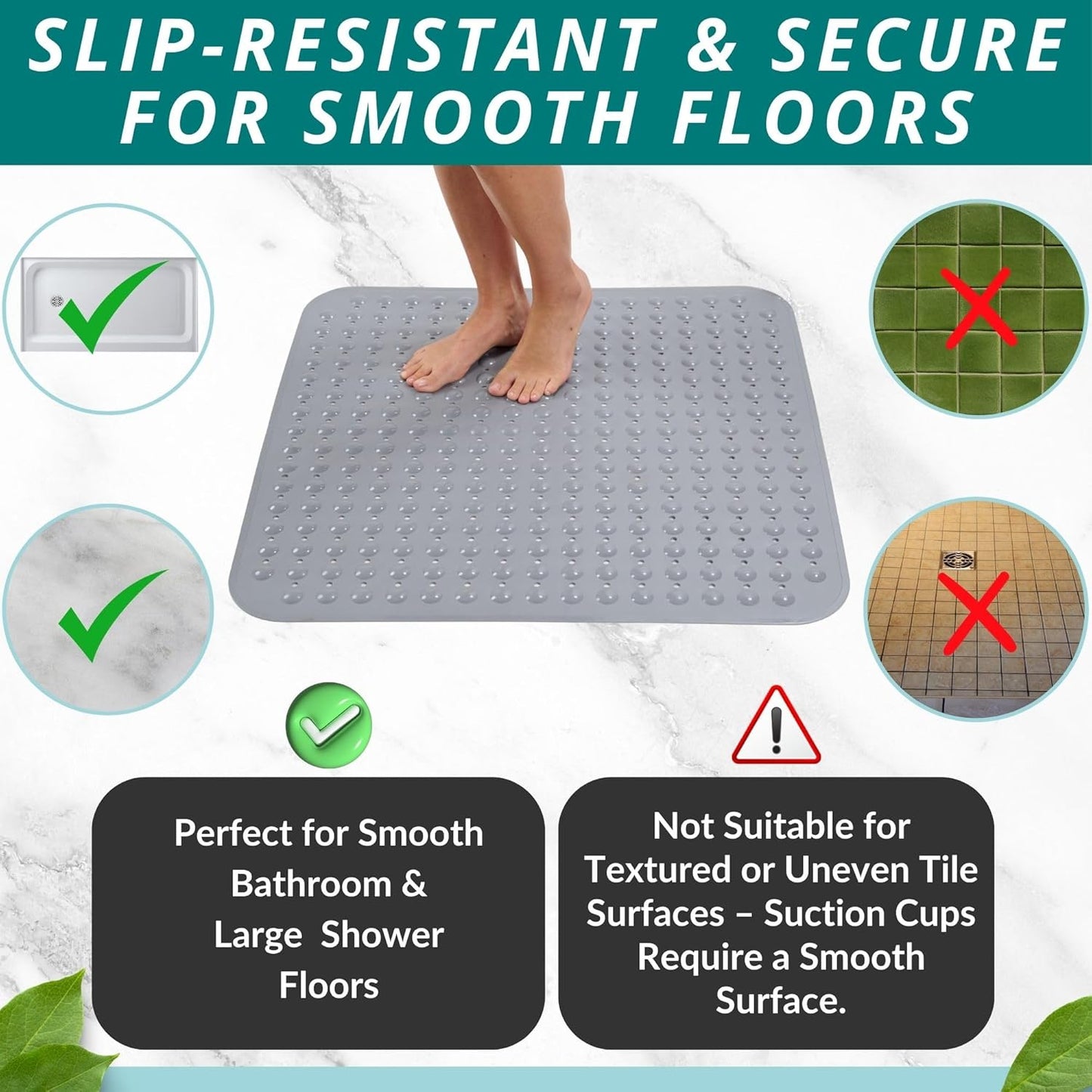 ENKOSI Extra Large Square Non Slip Shower Mat - 31 x 31-inch XL Bathroom Shower Mat - Square Shower Matts for Shower Stall Floors - Secure Suction Cups and Drain Holes (31x31 Grey)