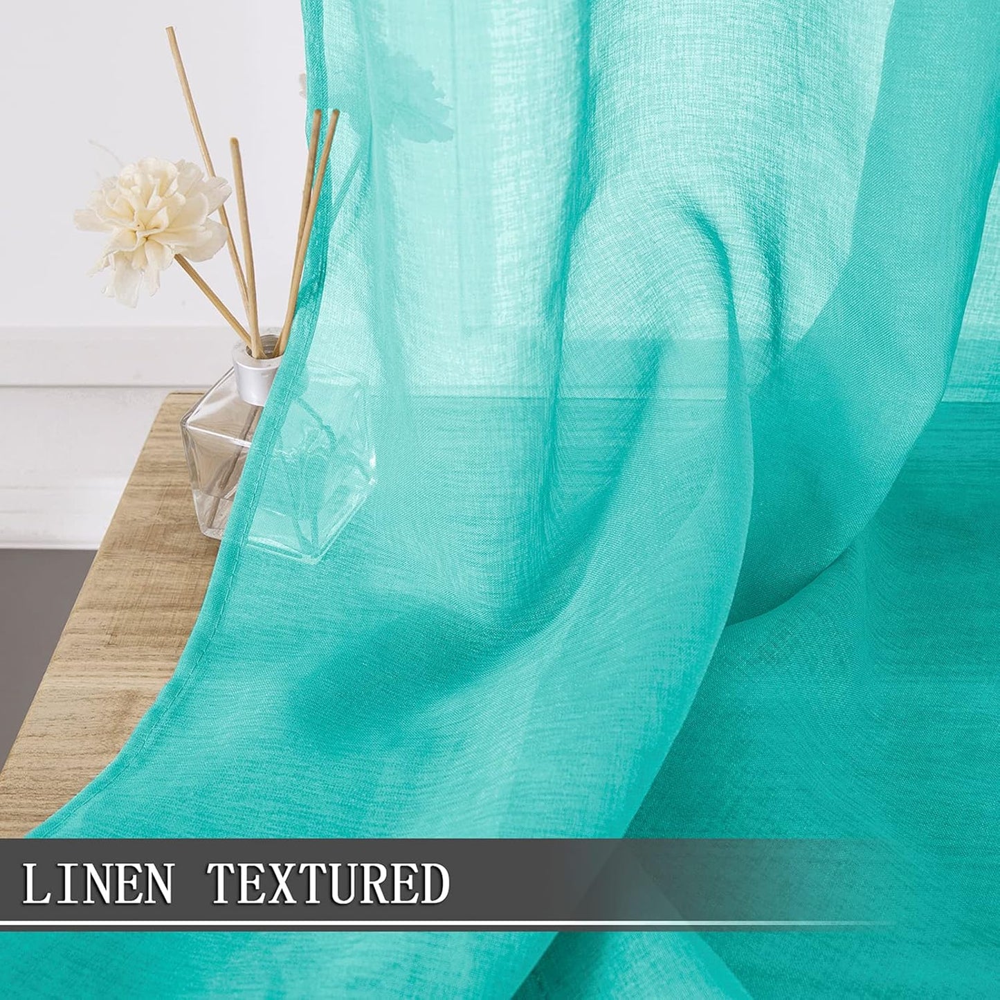 Tollpiz Short Sheer Curtains Linen Textured Bedroom Curtain Sheers Light Filtering Rod Pocket Voile Curtains for Living Room, 54 x 45 inches Long, Aqua Blue, Set of 2 Panels