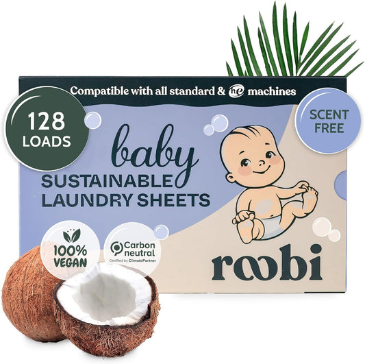 Roobi Baby Laundry Detergent Sheets. Specially Formulated for Sensitive Skin. Newborns, Infants & Toddlers Clothes. Unscented. Up to 128 Loads