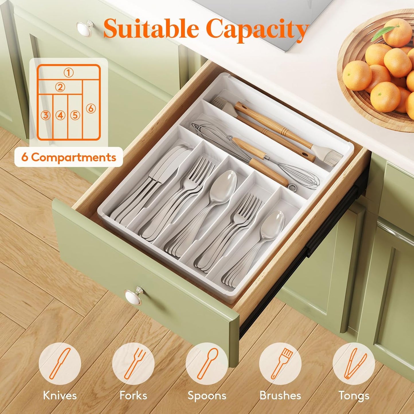 Lifewit Silverware Tray, Deep Wide Cutlery Drawer Organizer Storage for Kitchen, Plastic Flatware Utensil Holder Divider for Spoons Forks Knives Tableware, 6 Compartment, White