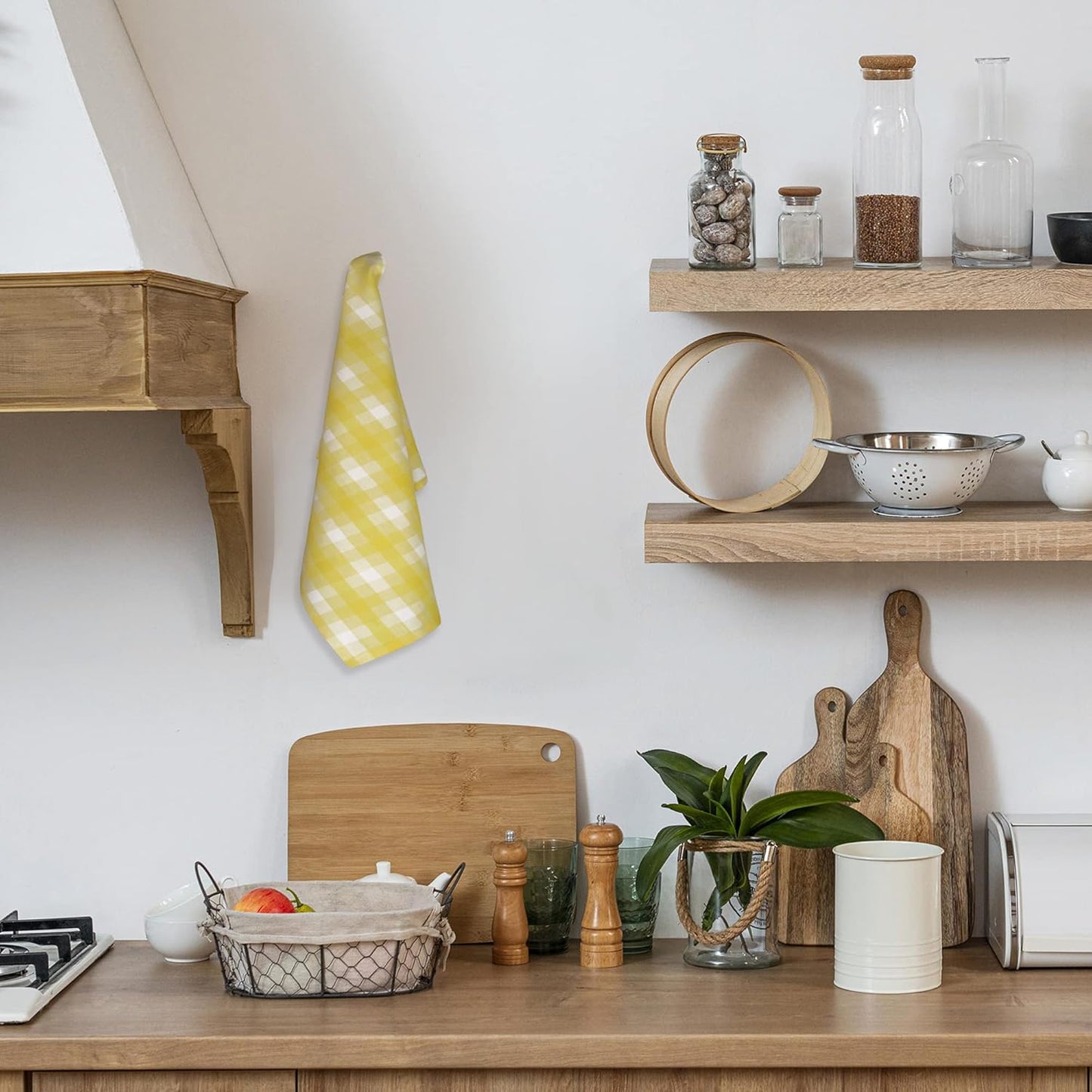 Kitchen Towels Set of 6 Soft Premium Cotton Highly Absorbent Dish Towels 20X30 Inches, Washable & Reusable Tea Towel, Quick Drying Dish Cloths for Cleaning Dishes - Yellow/White, Checks