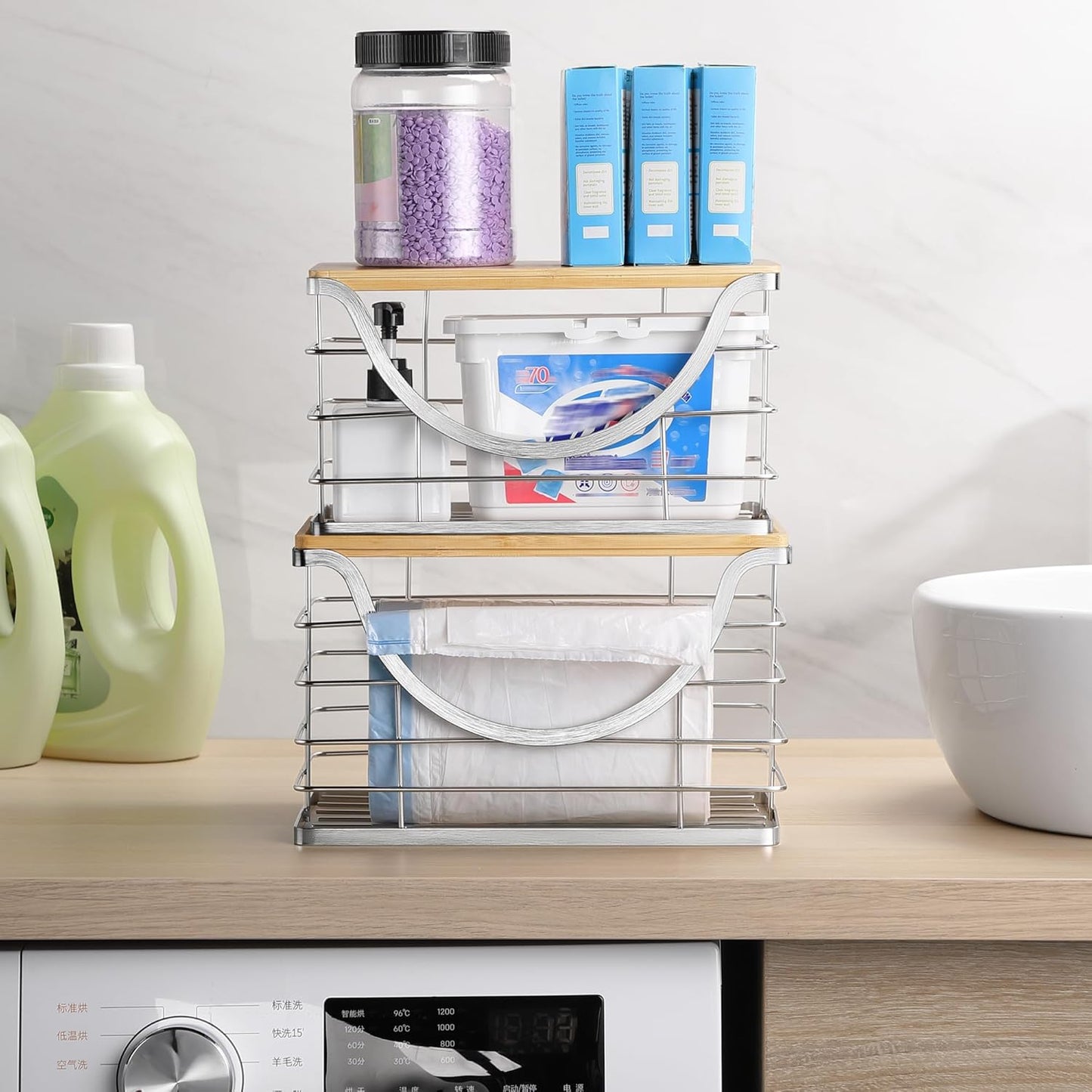 Extra Large Trash Bag Holder Stackable Kitchen Storage Slive, 2 Pack Wall Mounted Pantry Organizers and Storage with Bamboo Top, Garbage Bag Dispenser Under Sink for Laundry Room and Kitchen